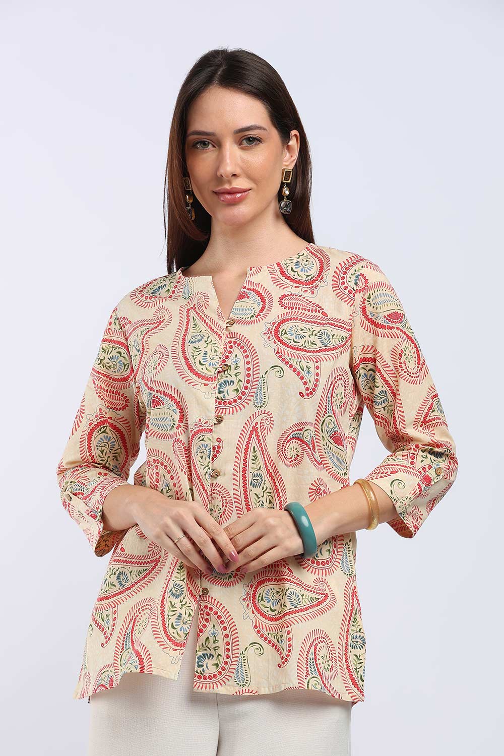 Mythri Women's Cotton Floral Printed Top | V-Neck 3/4 Sleeve Ethnic Top with Button Placket | Regular Fit Office & Everyday Wear - T104