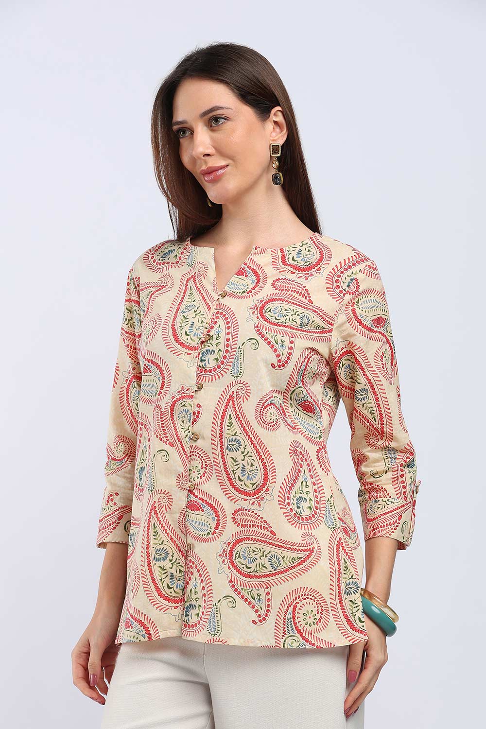 Mythri Women's Cotton Floral Printed Top | V-Neck 3/4 Sleeve Ethnic Top with Button Placket | Regular Fit Office & Everyday Wear - T104
