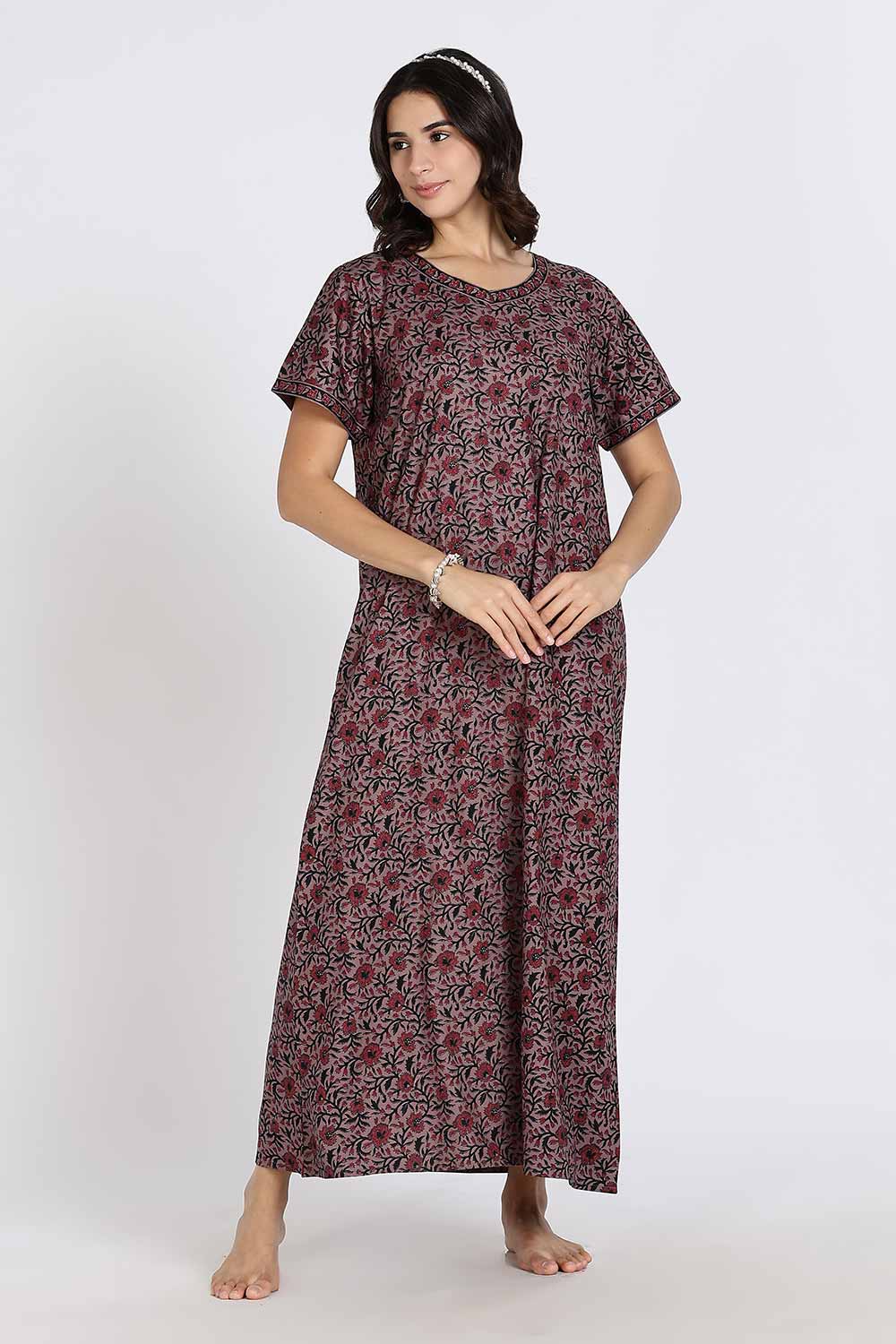Naidu Hall Women's Full-Length Cotton Nighty – Border Patch Neckline, Sleeve Detailing & Side Pocket
 - Burgundy - NA39