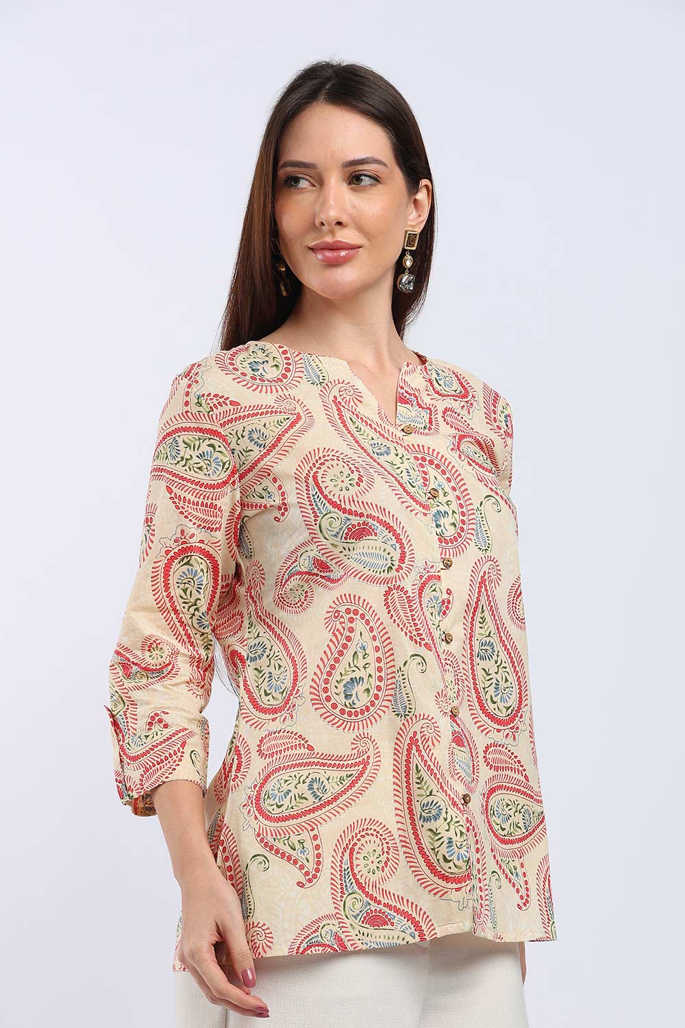 Mythri Women's Cotton Floral Printed Top | V-Neck 3/4 Sleeve Ethnic Top with Button Placket | Regular Fit Office & Everyday Wear - T104