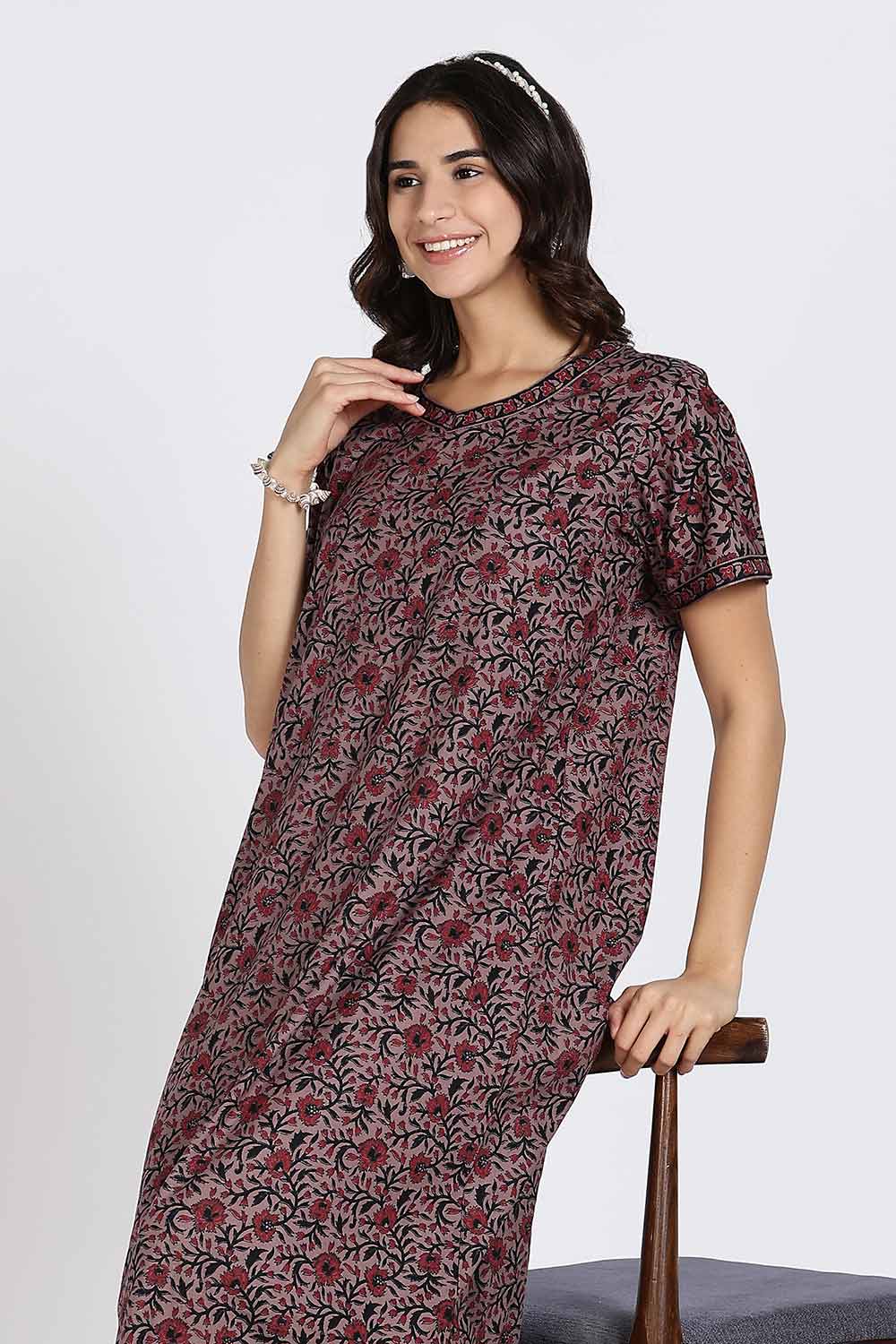 Naidu Hall Women's Full-Length Cotton Nighty – Border Patch Neckline, Sleeve Detailing & Side Pocket
 - Burgundy - NA39