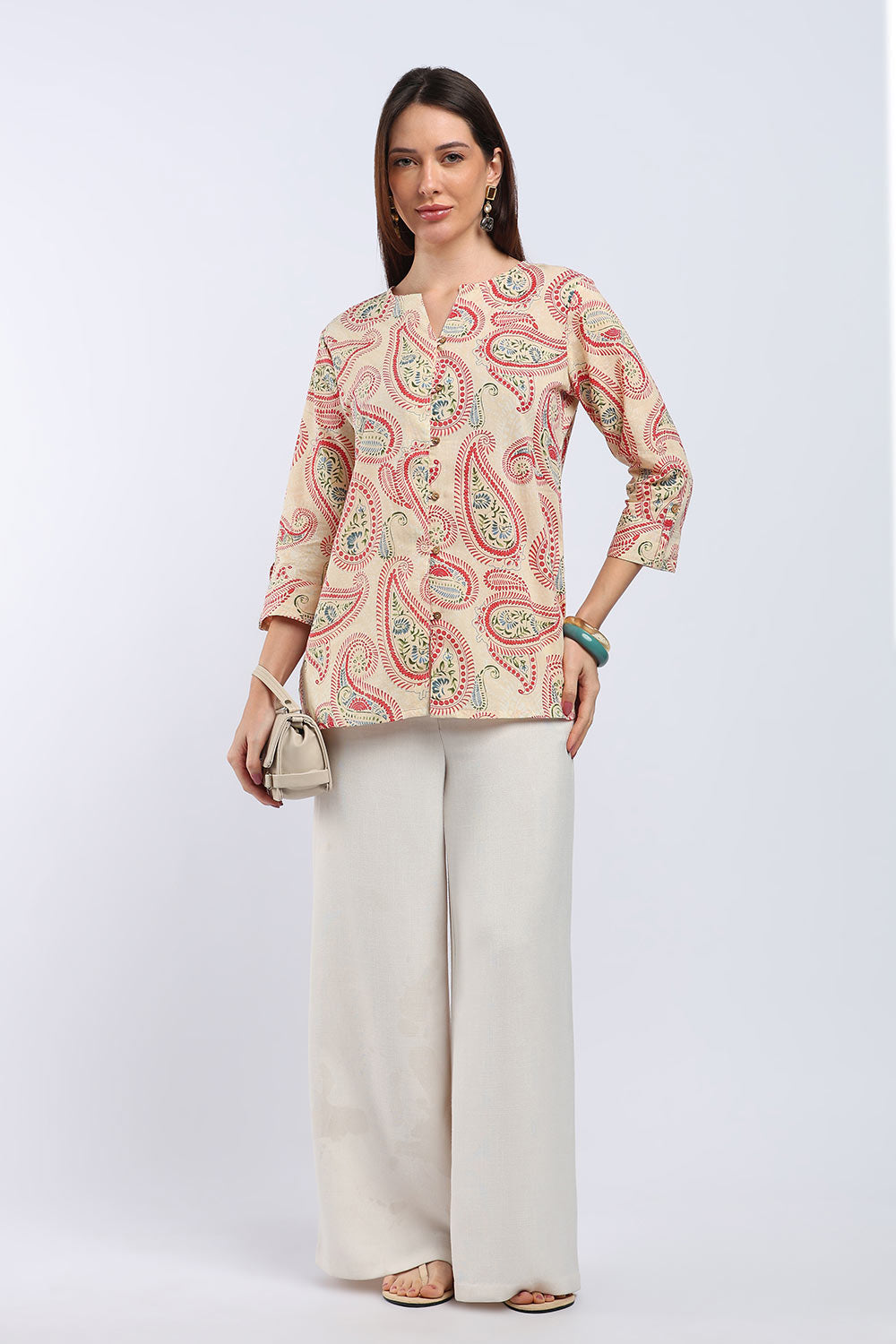 Mythri Women's Cotton Floral Printed Top | V-Neck 3/4 Sleeve Ethnic Top with Button Placket | Regular Fit Office & Everyday Wear - T104