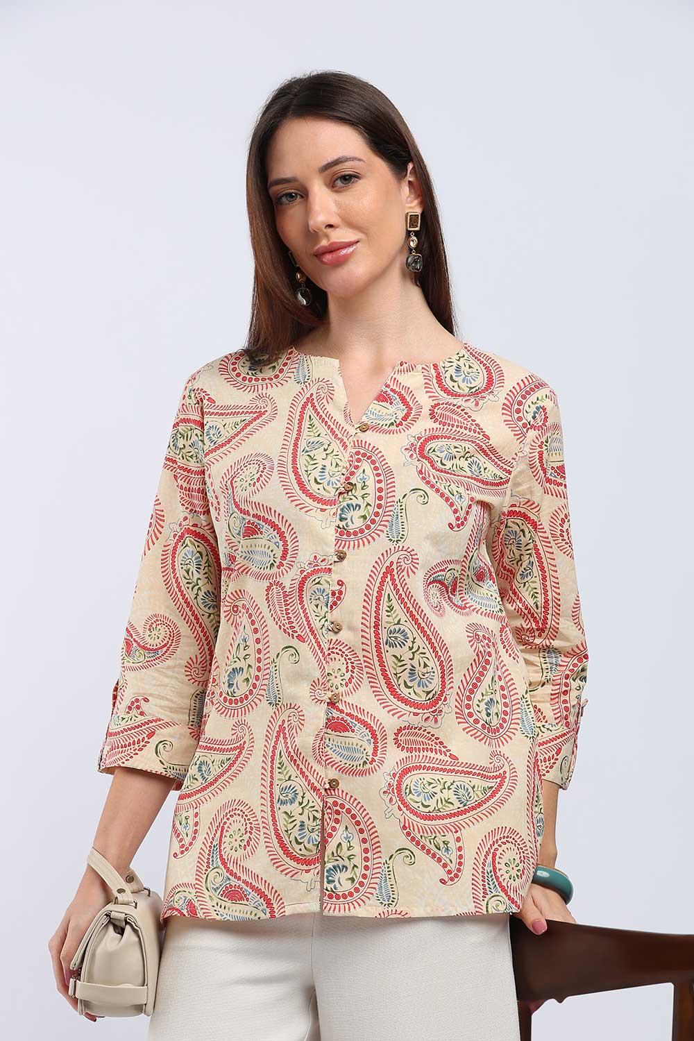 Mythri Women's Cotton Floral Printed Top | V-Neck 3/4 Sleeve Ethnic Top with Button Placket | Regular Fit Office & Everyday Wear - T104