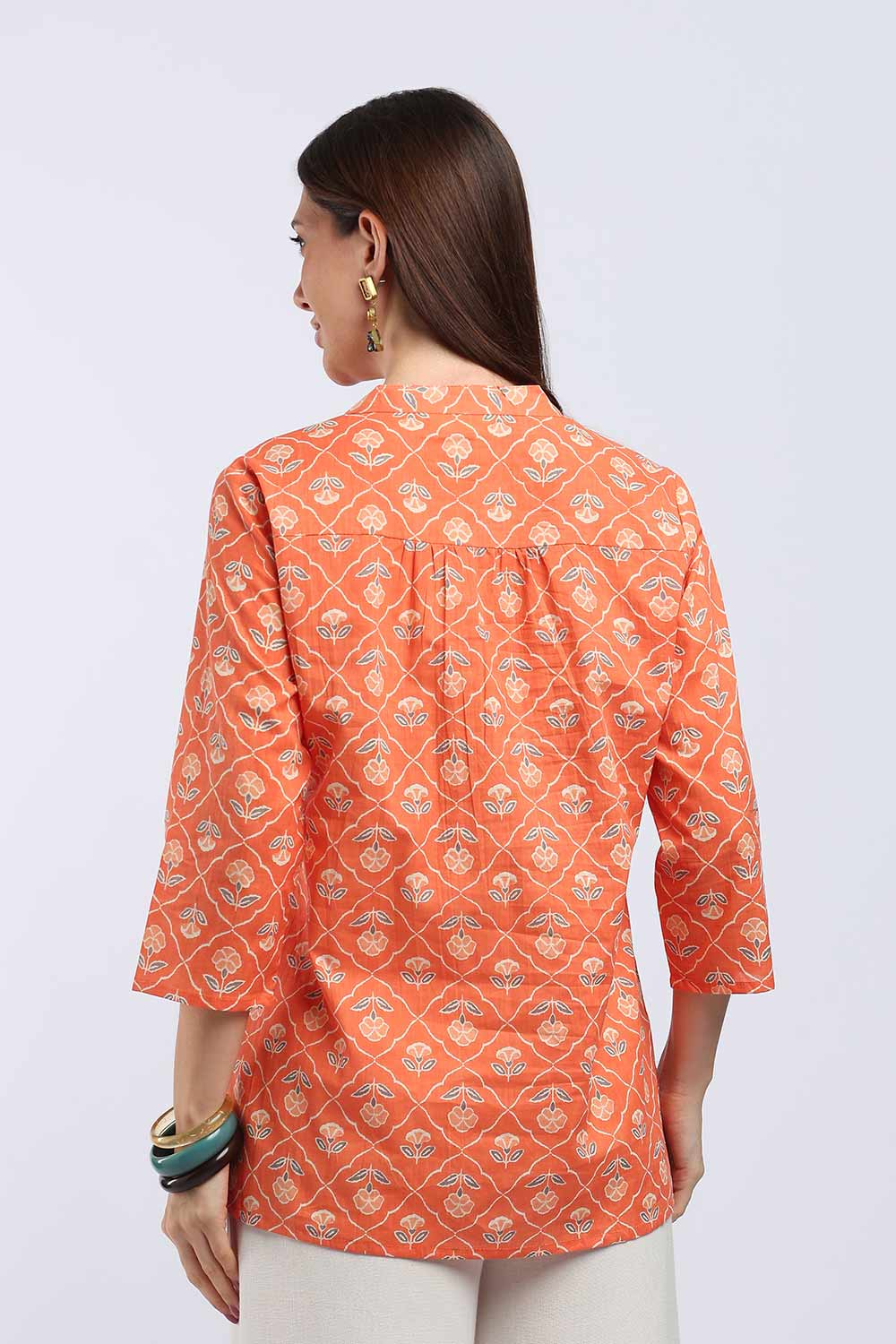 Mythri Women's Cotton Printed Short Top | Mandarin V-Neck Cotton Top with 3/4 Sleeves | Regular Fit Casual, Office & Everyday Wear Top for Women - TU518