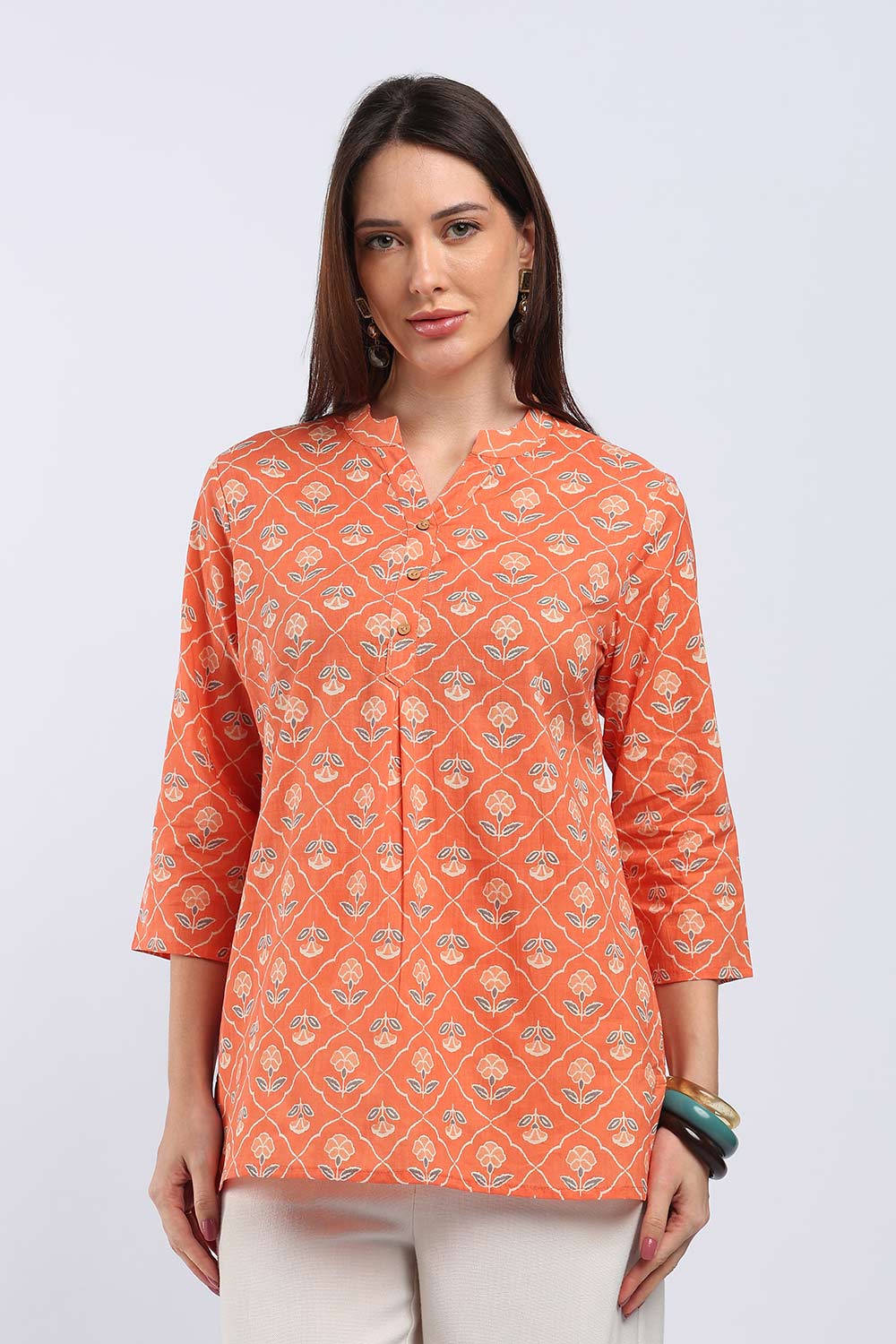 Mythri Women's Cotton Printed Short Top | Mandarin V-Neck Cotton Top with 3/4 Sleeves | Regular Fit Casual, Office & Everyday Wear Top for Women - TU518
