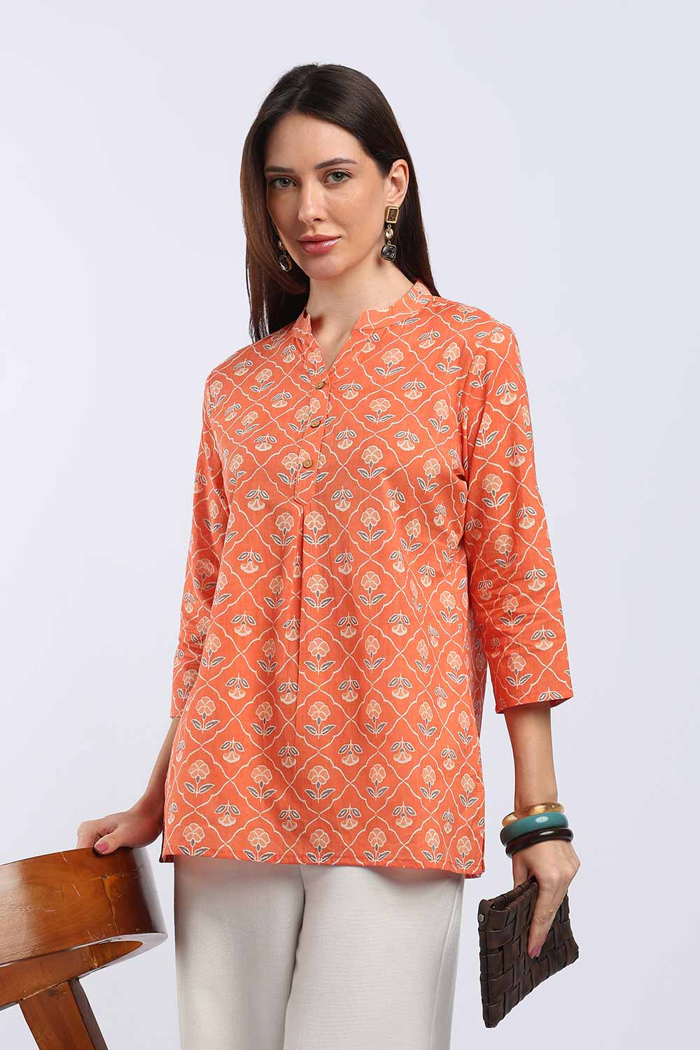 Mythri Women's Cotton Printed Short Top | Mandarin V-Neck Cotton Top with 3/4 Sleeves | Regular Fit Casual, Office & Everyday Wear Top for Women - TU518