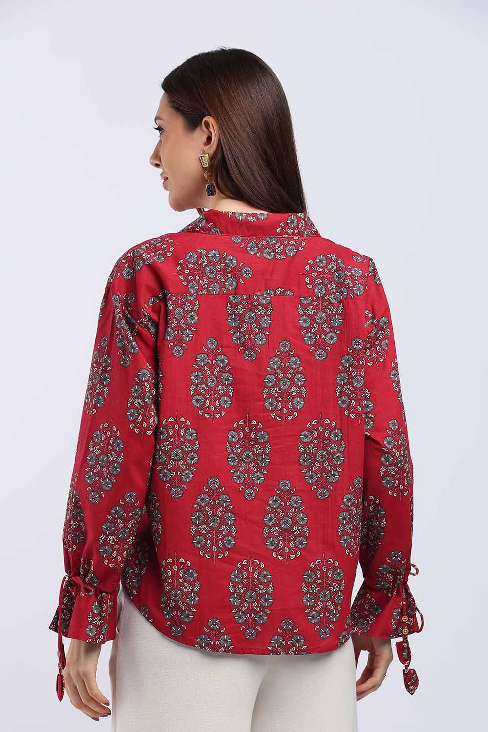 Mythri Women's Cotton Shirt Top | V-Slit Collar Full Sleeve Top with Tie-Up Tassels & Patch Pockets | Casual Office & Daily Wear - TO44