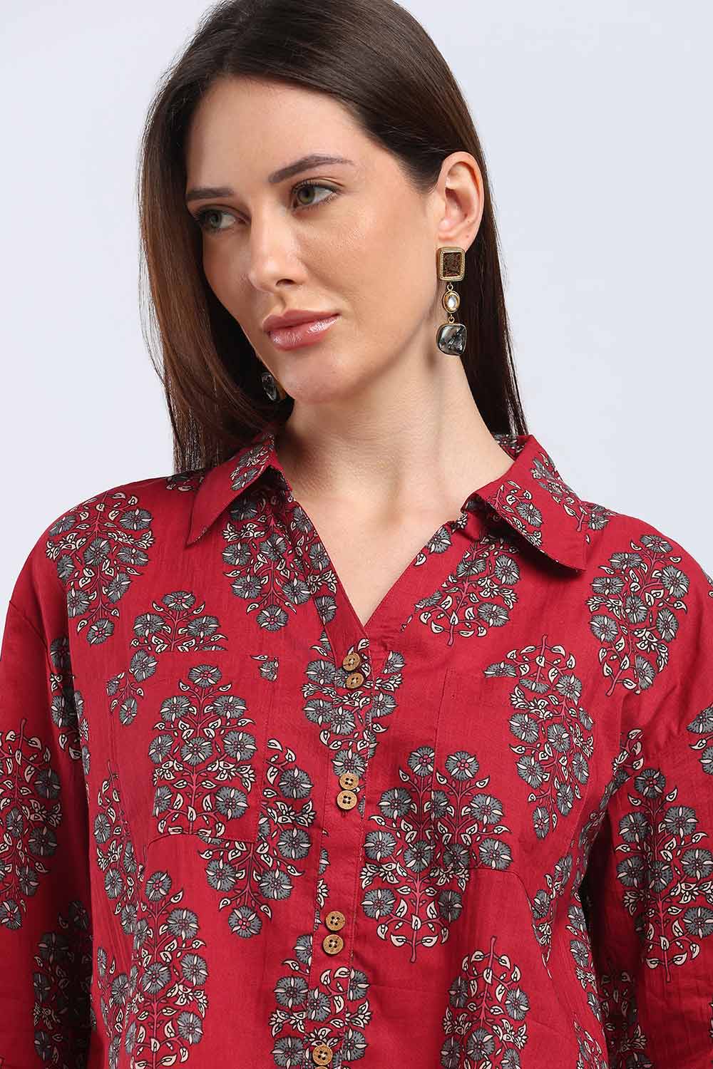 Mythri Women's Cotton Shirt Top | V-Slit Collar Full Sleeve Top with Tie-Up Tassels & Patch Pockets | Casual Office & Daily Wear - TO44