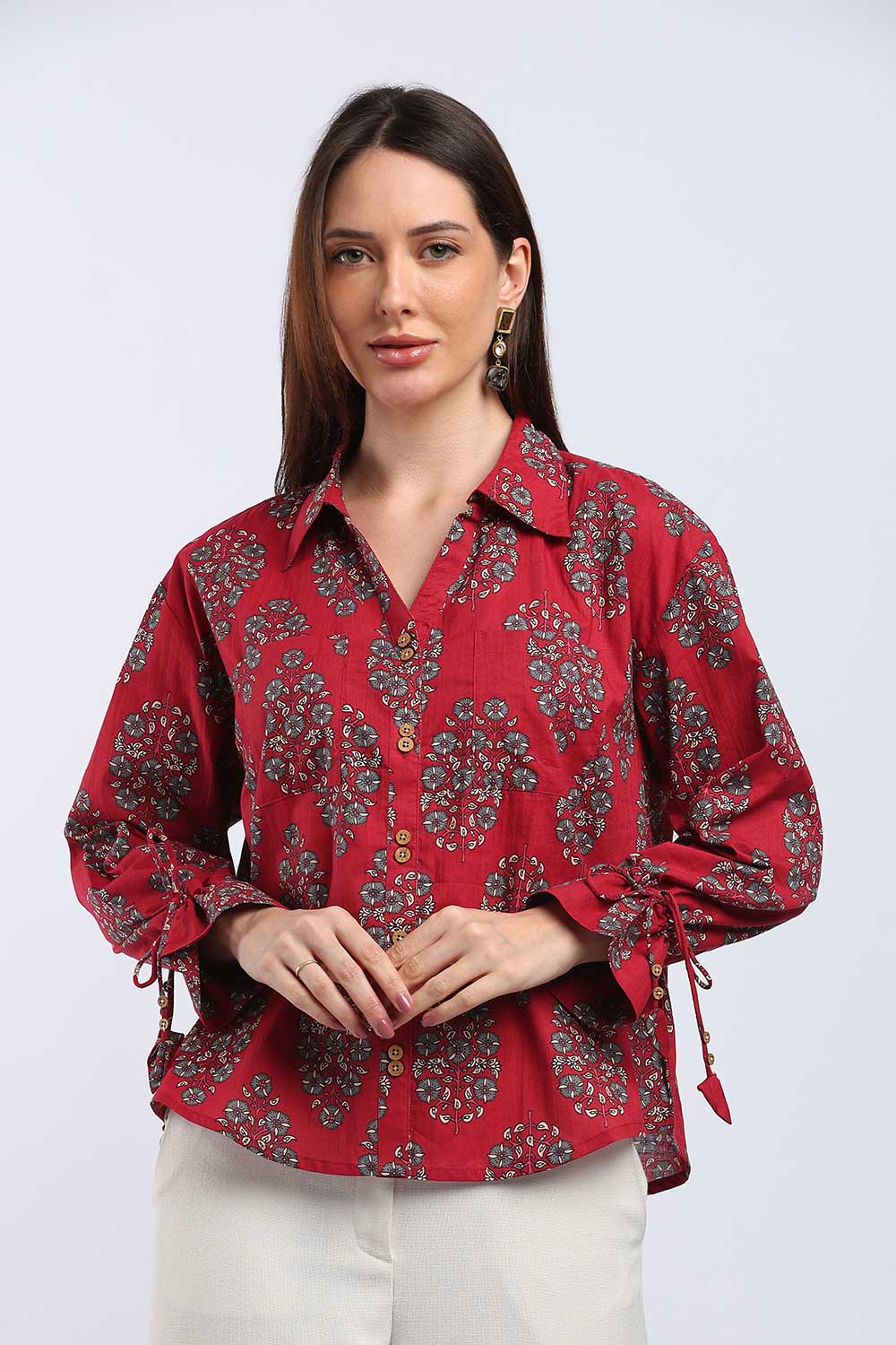 Mythri Women's Cotton Shirt Top | V-Slit Collar Full Sleeve Top with Tie-Up Tassels & Patch Pockets | Casual Office & Daily Wear - TO44