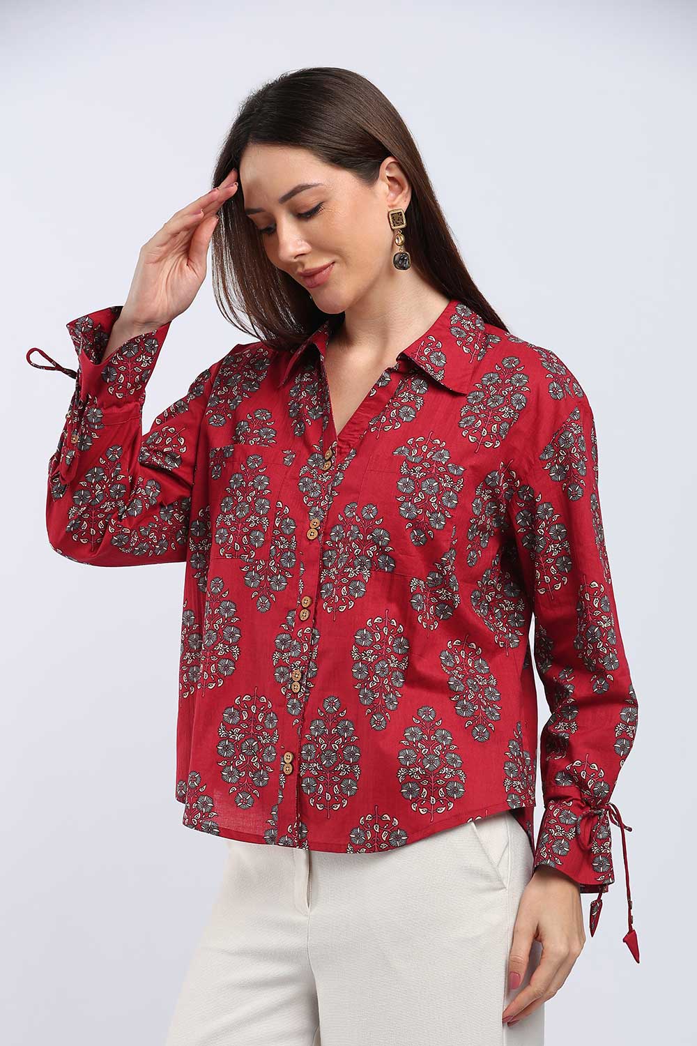 Mythri Women's Cotton Shirt Top | V-Slit Collar Full Sleeve Top with Tie-Up Tassels & Patch Pockets | Casual Office & Daily Wear - TO44