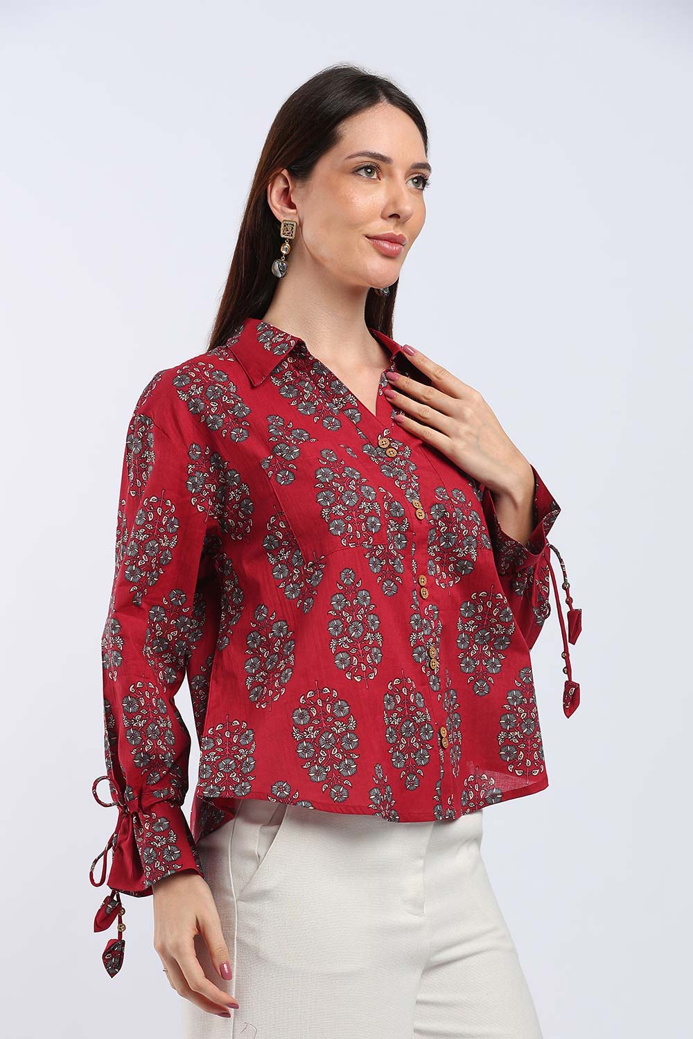 Mythri Women's Cotton Shirt Top | V-Slit Collar Full Sleeve Top with Tie-Up Tassels & Patch Pockets | Casual Office & Daily Wear - TO44