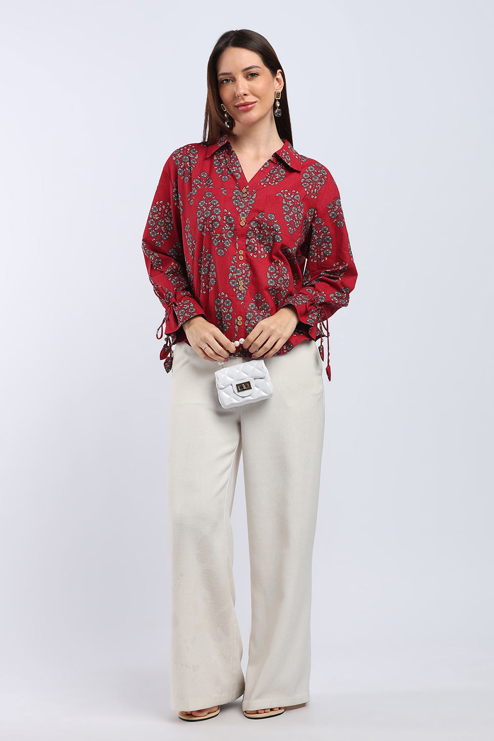 Mythri Women's Cotton Shirt Top | V-Slit Collar Full Sleeve Top with Tie-Up Tassels & Patch Pockets | Casual Office & Daily Wear - TO44