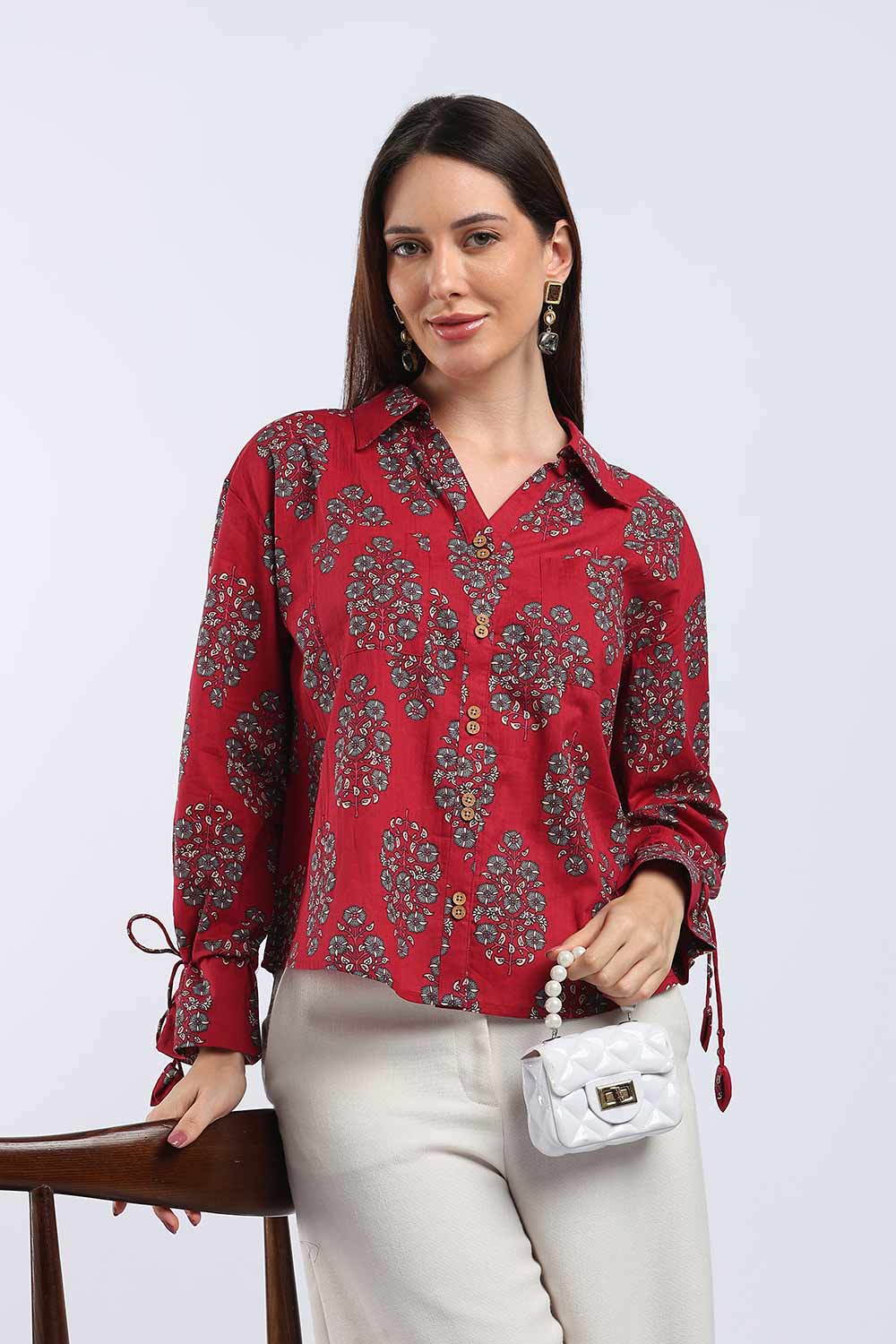 Mythri Women's Cotton Shirt Top | V-Slit Collar Full Sleeve Top with Tie-Up Tassels & Patch Pockets | Casual Office & Daily Wear - TO44