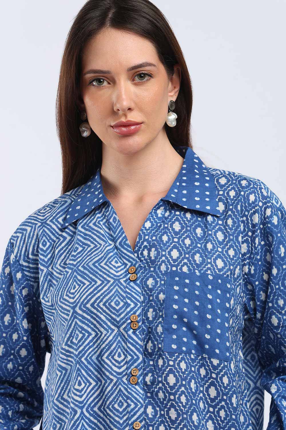 Mythri Women's Cotton Shirt Top | V-Slit Collar Full Sleeve Top with Tie-Up Tassels & Patch Pockets | Casual Office & Daily Wear - TO44