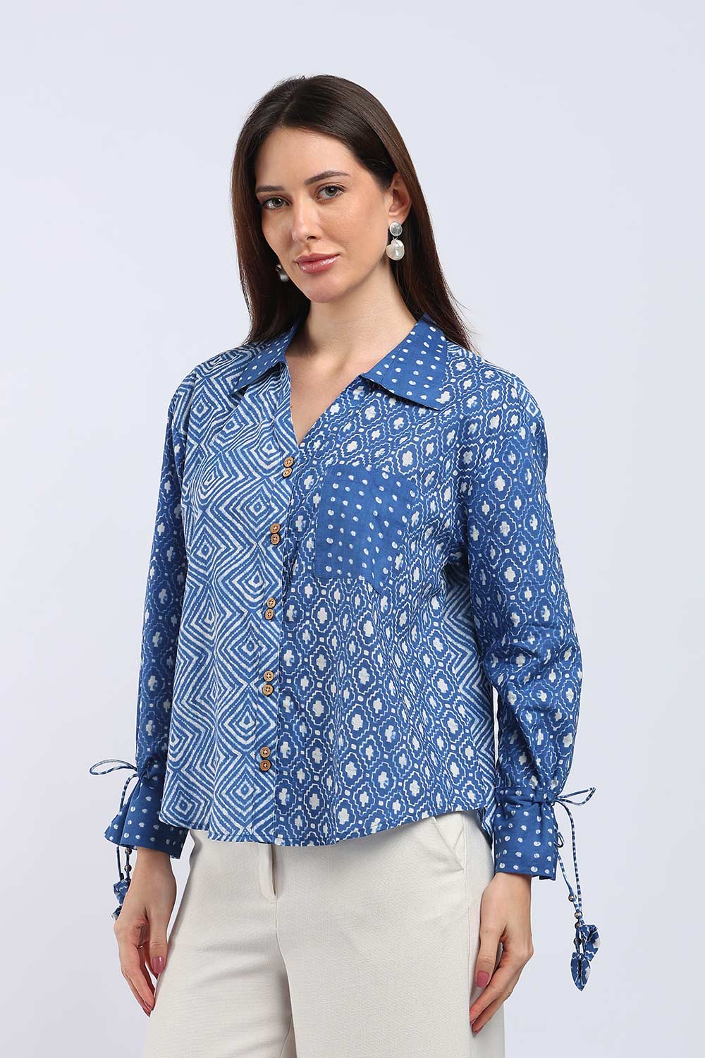 Mythri Women's Cotton Shirt Top | V-Slit Collar Full Sleeve Top with Tie-Up Tassels & Patch Pockets | Casual Office & Daily Wear - TO44