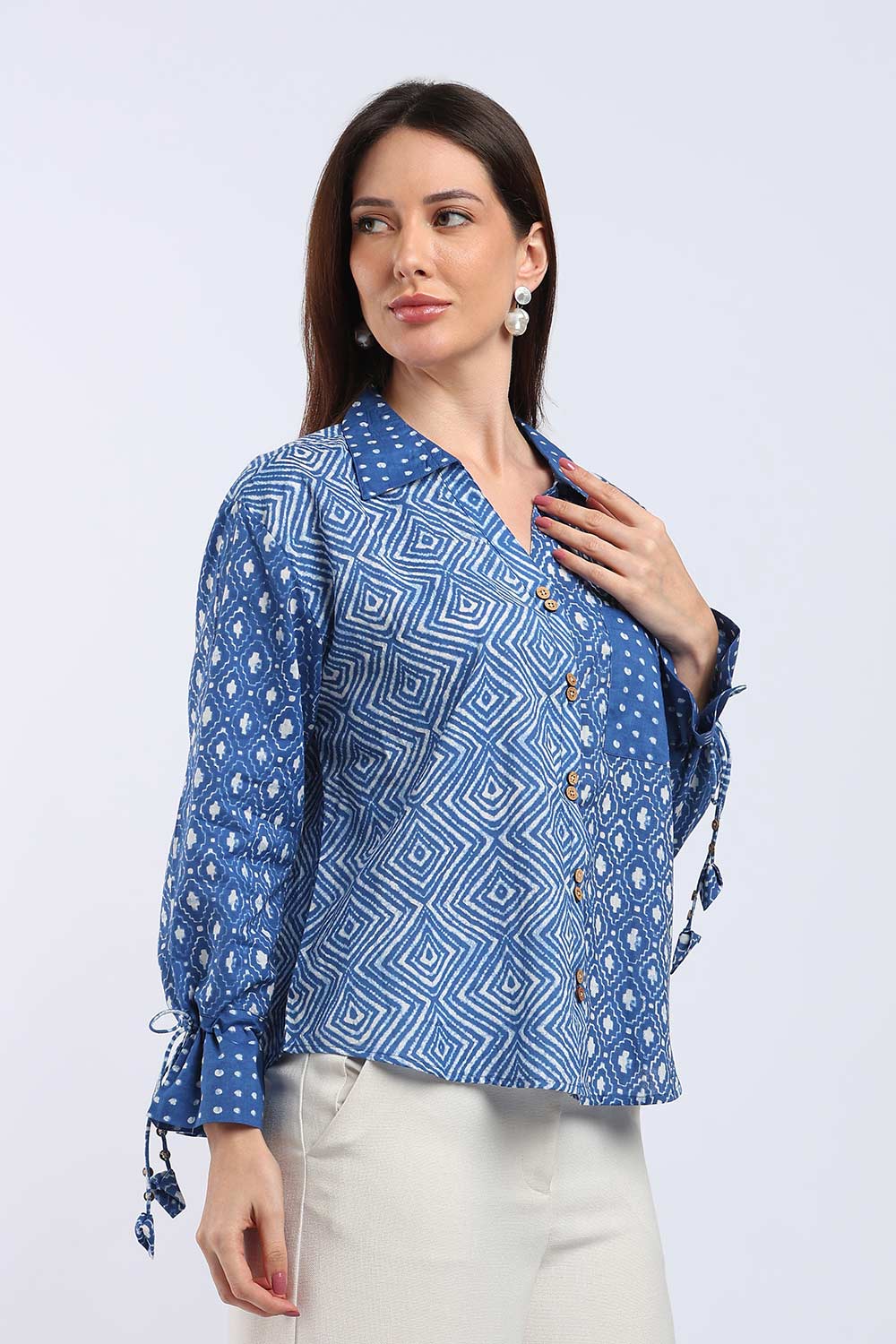 Mythri Women's Cotton Shirt Top | V-Slit Collar Full Sleeve Top with Tie-Up Tassels & Patch Pockets | Casual Office & Daily Wear - TO44