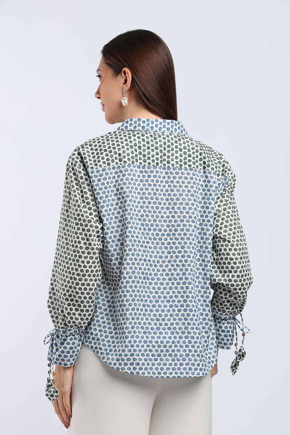 Mythri Women's Cotton Shirt Top | V-Slit Collar Full Sleeve Top with Tie-Up Tassels & Patch Pockets | Casual Office & Daily Wear - TO44
