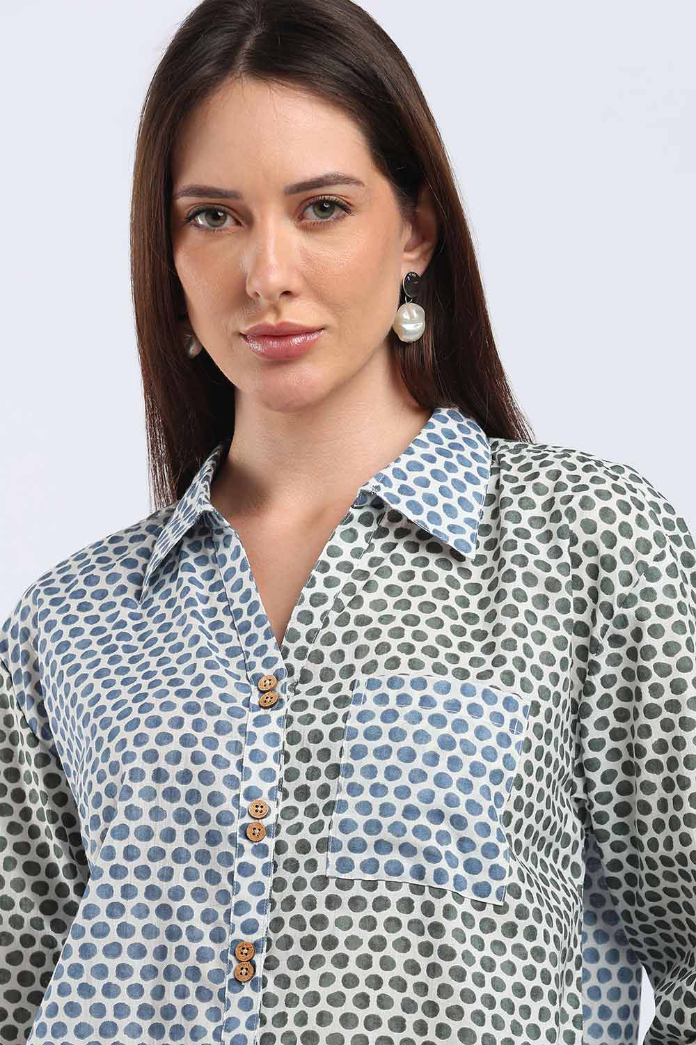 Mythri Women's Cotton Shirt Top | V-Slit Collar Full Sleeve Top with Tie-Up Tassels & Patch Pockets | Casual Office & Daily Wear - TO44