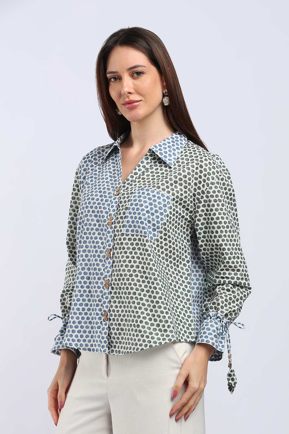 Mythri Women's Cotton Shirt Top | V-Slit Collar Full Sleeve Top with Tie-Up Tassels & Patch Pockets | Casual Office & Daily Wear - TO44