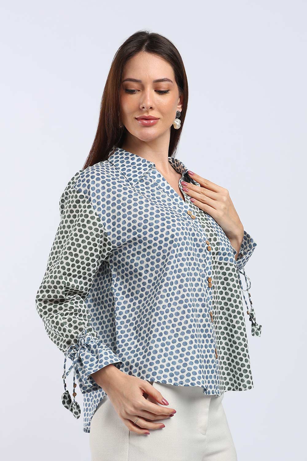 Mythri Women's Cotton Shirt Top | V-Slit Collar Full Sleeve Top with Tie-Up Tassels & Patch Pockets | Casual Office & Daily Wear - TO44