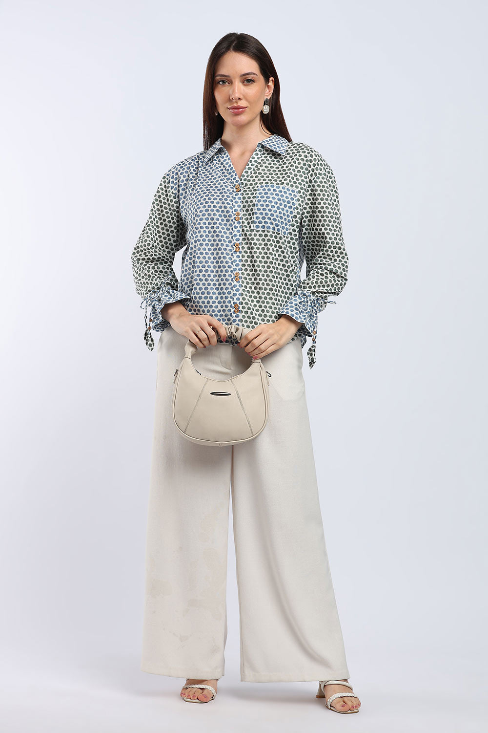 Mythri Women's Cotton Shirt Top | V-Slit Collar Full Sleeve Top with Tie-Up Tassels & Patch Pockets | Casual Office & Daily Wear - TO44