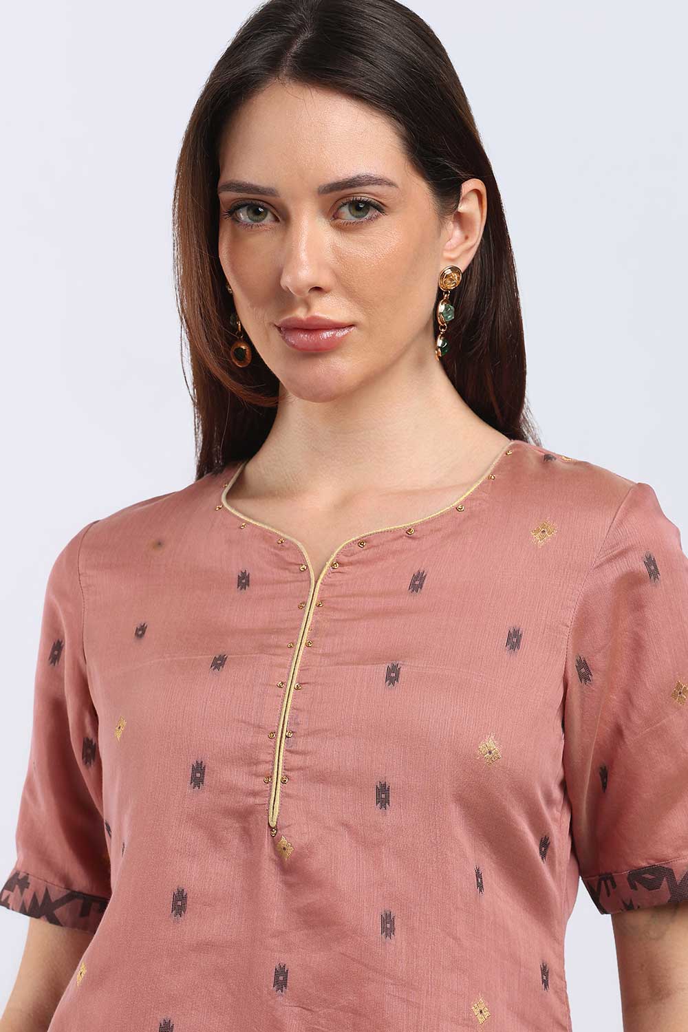 Mythri Women’s Cotton Embroidered Kurti | Sweetheart Neck Kurta with Golden Piping & Sequin Embroidery | Ethnic Kurti for Office Festive & Casual Wear - K142