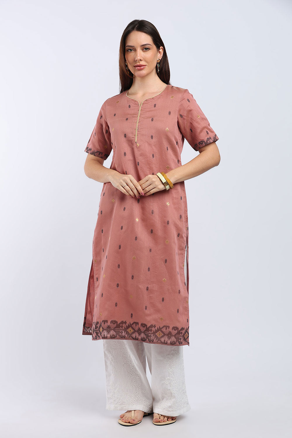 Mythri Women’s Cotton Embroidered Kurti | Sweetheart Neck Kurta with Golden Piping & Sequin Embroidery | Ethnic Kurti for Office Festive & Casual Wear - K142
