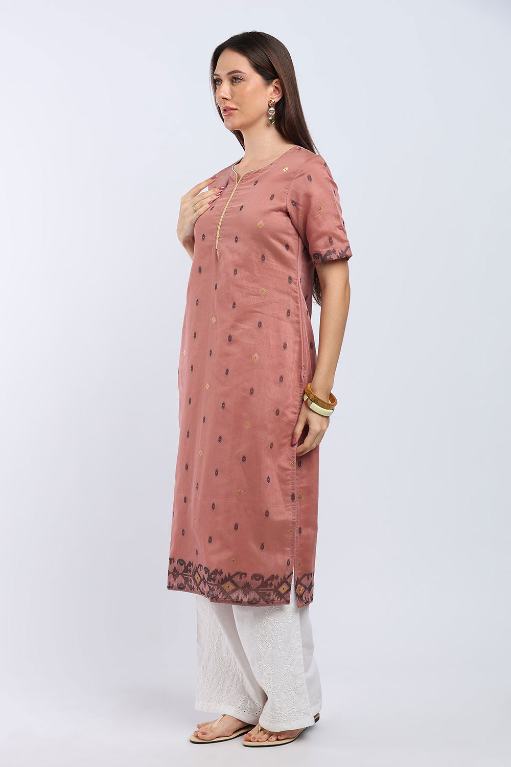 Mythri Women’s Cotton Embroidered Kurti | Sweetheart Neck Kurta with Golden Piping & Sequin Embroidery | Ethnic Kurti for Office Festive & Casual Wear - K142