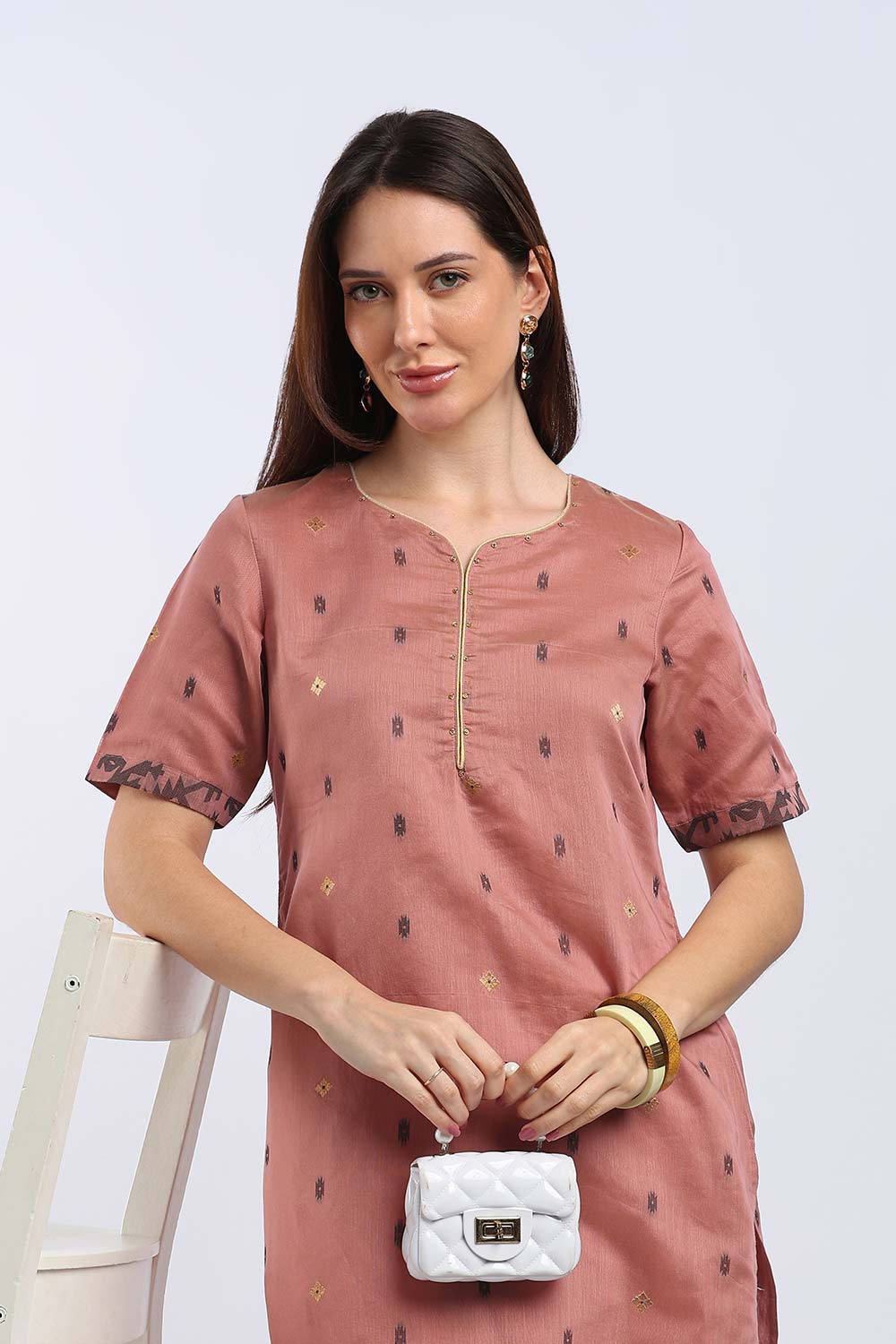 Mythri Women’s Cotton Embroidered Kurti | Sweetheart Neck Kurta with Golden Piping & Sequin Embroidery | Ethnic Kurti for Office Festive & Casual Wear - K142