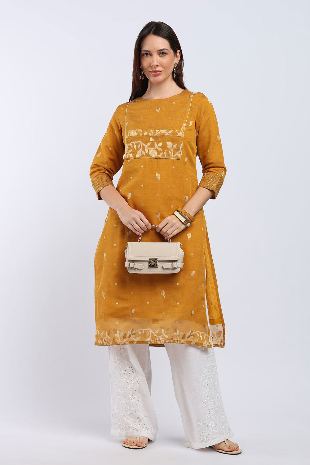 Mythri Women's Cotton Chanderi Printed Kurti | Straight Fit Ethnic Kurti with Zari Embroidery | Festive & Occasion Wear Kurta for Women - K141