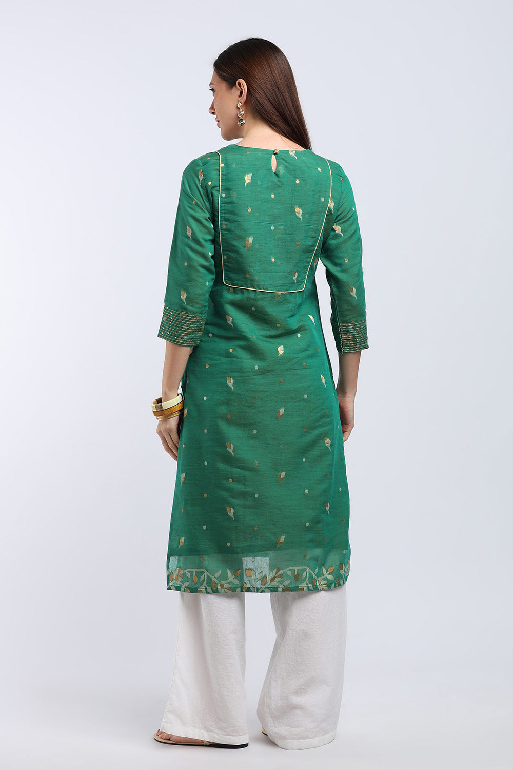 Mythri Women's Cotton Chanderi Printed Kurti | Straight Fit Ethnic Kurti with Zari Embroidery | Festive & Occasion Wear Kurta for Women - K141