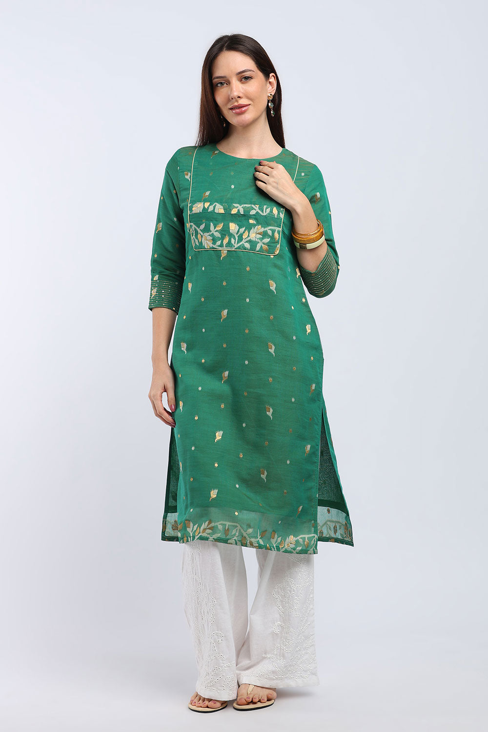 Mythri Women's Cotton Chanderi Printed Kurti | Straight Fit Ethnic Kurti with Zari Embroidery | Festive & Occasion Wear Kurta for Women - K141