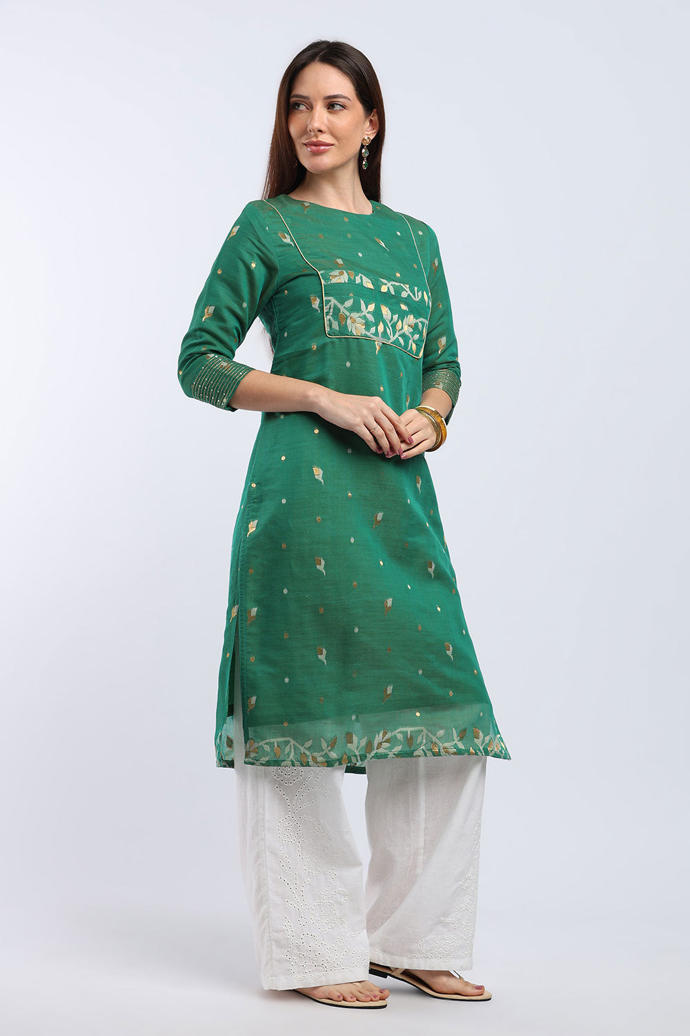 Mythri Women's Cotton Chanderi Printed Kurti | Straight Fit Ethnic Kurti with Zari Embroidery | Festive & Occasion Wear Kurta for Women - K141