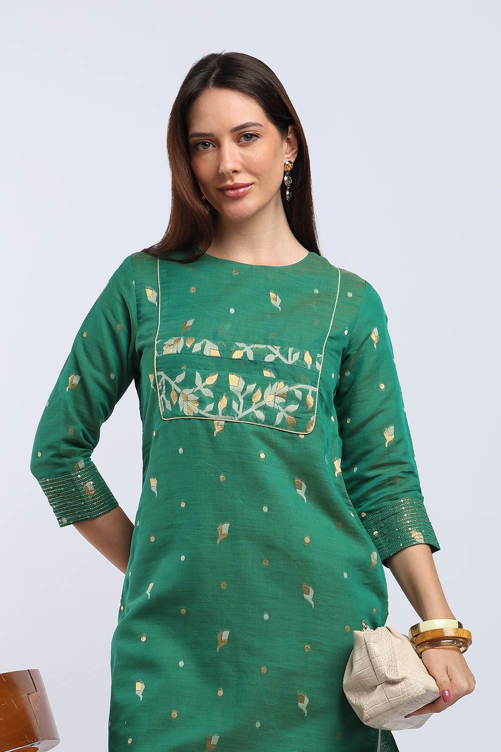 Mythri Women's Cotton Chanderi Printed Kurti | Straight Fit Ethnic Kurti with Zari Embroidery | Festive & Occasion Wear Kurta for Women - K141