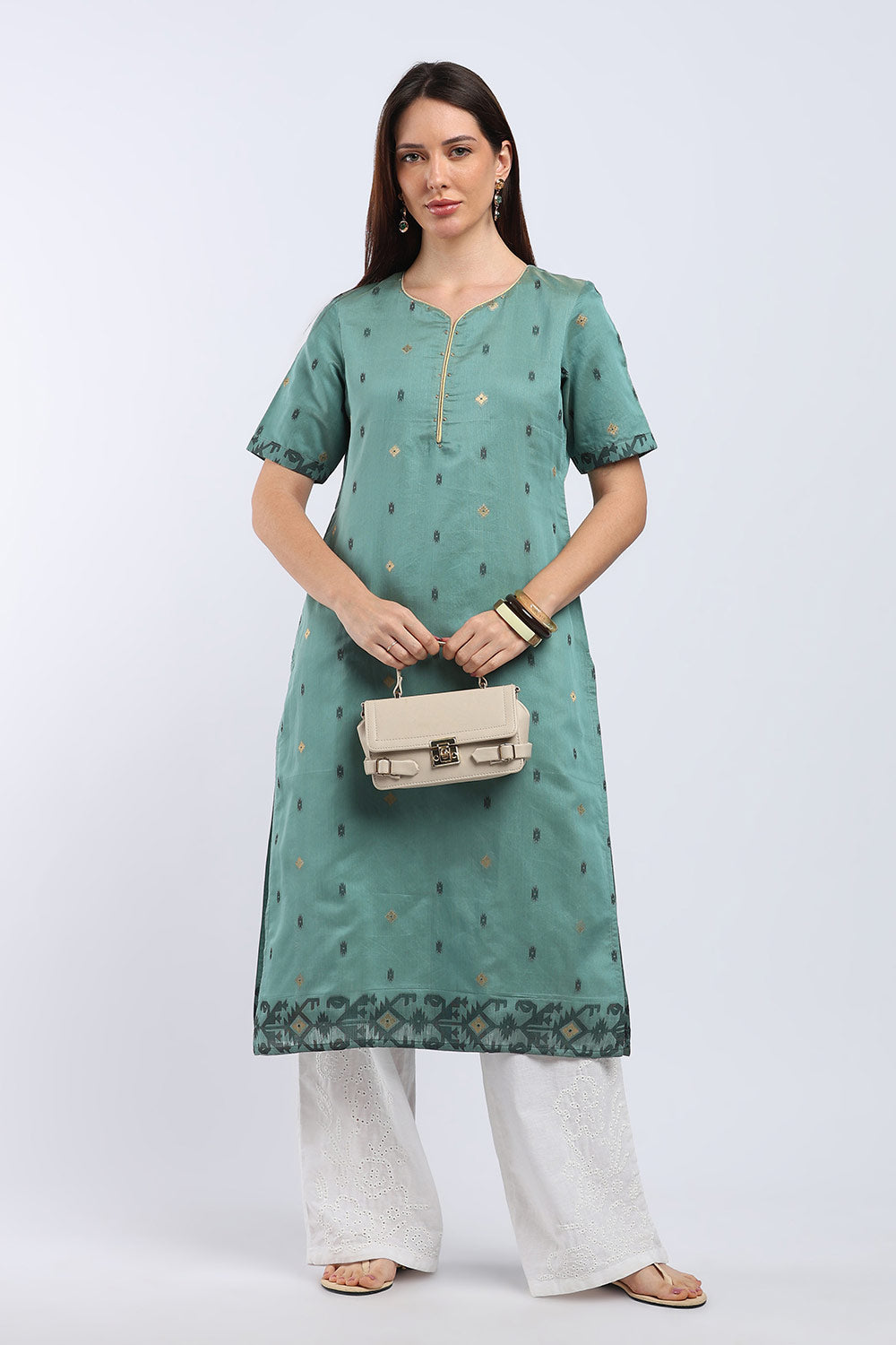 Mythri Women’s Cotton Embroidered Kurti | Sweetheart Neck Kurta with Golden Piping & Sequin Embroidery | Ethnic Kurti for Office Festive & Casual Wear - K142