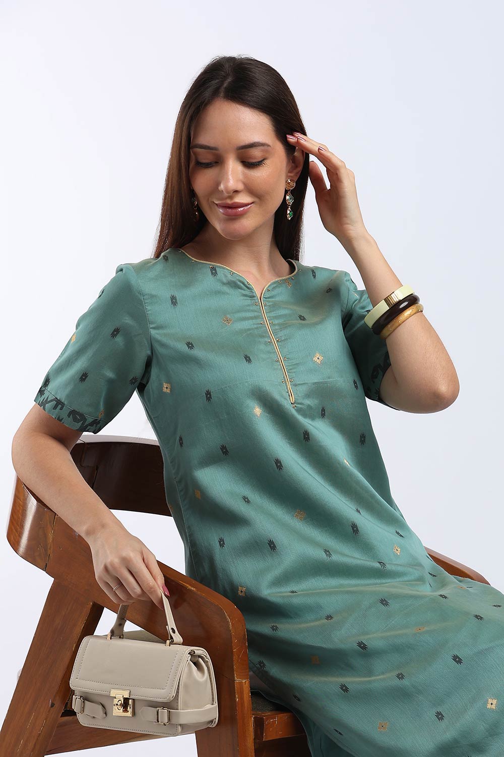 Mythri Women’s Cotton Embroidered Kurti | Sweetheart Neck Kurta with Golden Piping & Sequin Embroidery | Ethnic Kurti for Office Festive & Casual Wear - K142