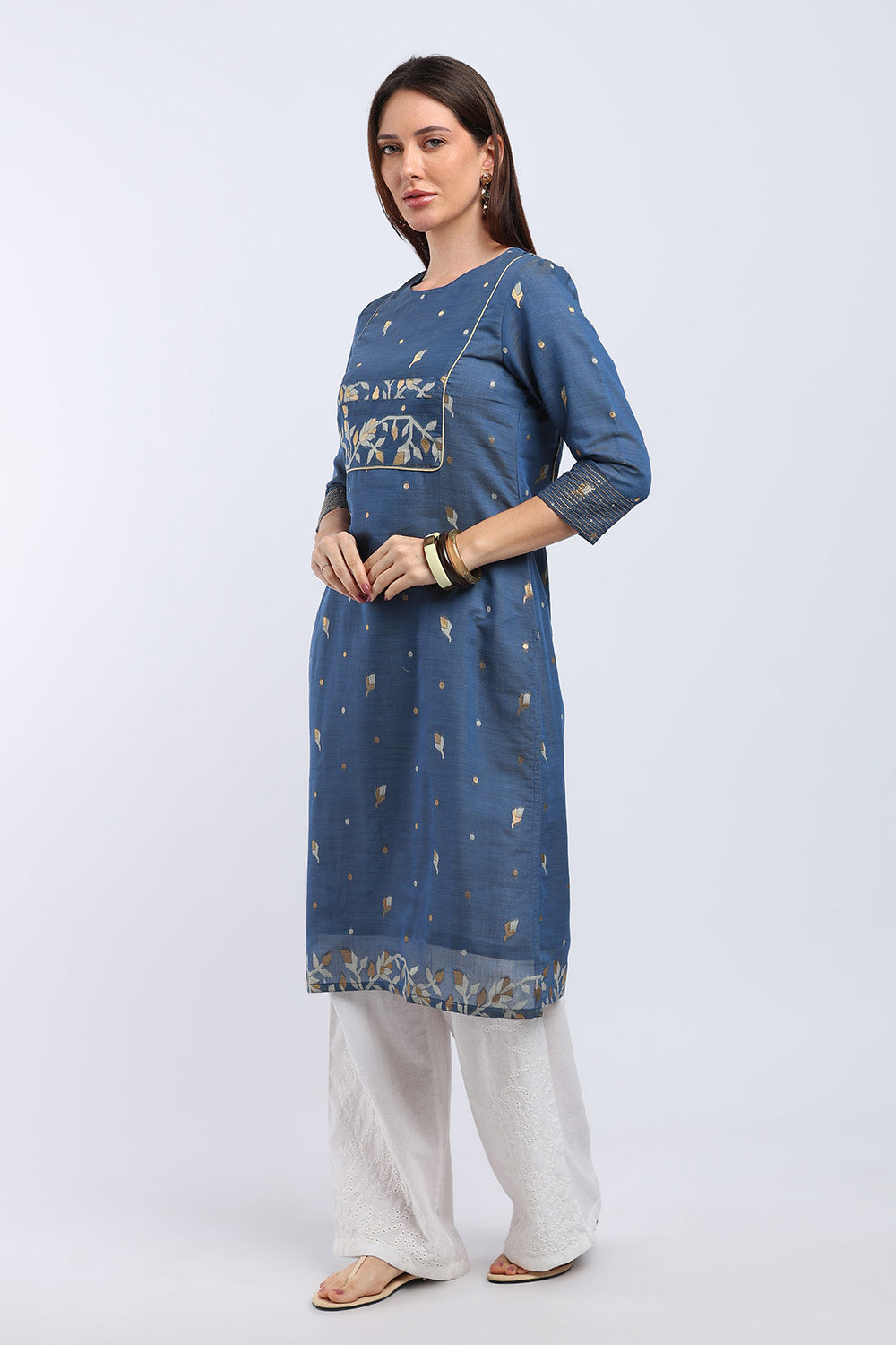 Mythri Women's Cotton Chanderi Printed Kurti | Straight Fit Ethnic Kurti with Zari Embroidery | Festive & Occasion Wear Kurta for Women - K141