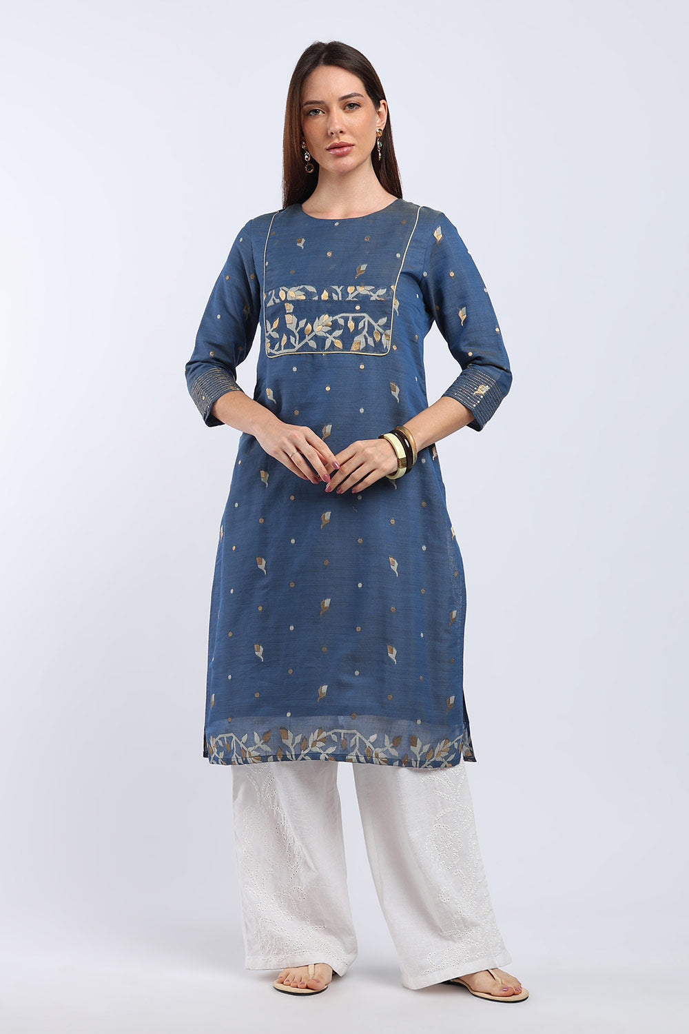Mythri Women's Cotton Chanderi Printed Kurti | Straight Fit Ethnic Kurti with Zari Embroidery | Festive & Occasion Wear Kurta for Women - K141