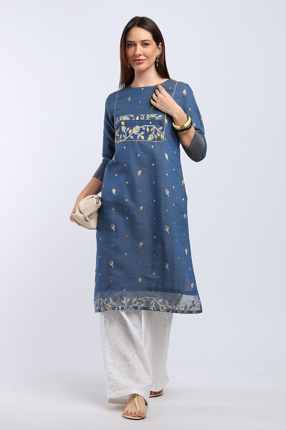 Mythri Women's Cotton Chanderi Printed Kurti | Straight Fit Ethnic Kurti with Zari Embroidery | Festive & Occasion Wear Kurta for Women - K141