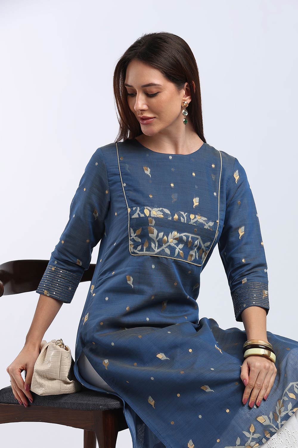 Mythri Women's Cotton Chanderi Printed Kurti | Straight Fit Ethnic Kurti with Zari Embroidery | Festive & Occasion Wear Kurta for Women - K141