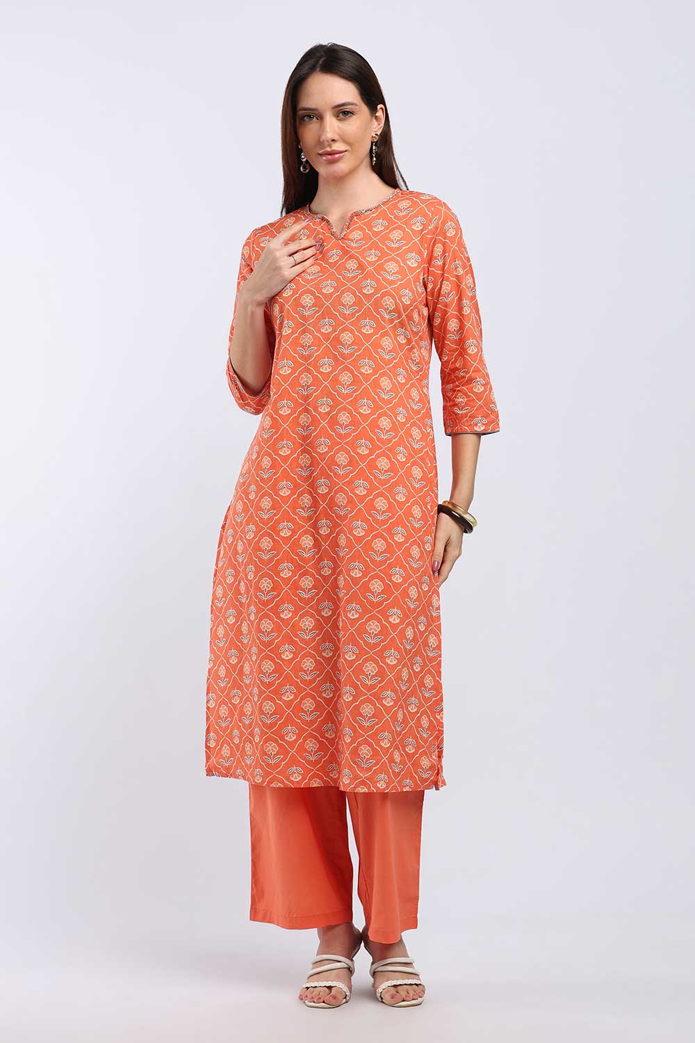 Mythri Women’s Cotton Paisley Printed Chudidar | Mandarin Collar Notch Neck Kurta with 3/4 Sleeves | Regular Fit Daily Office & Casual Ethnic Wear - A206