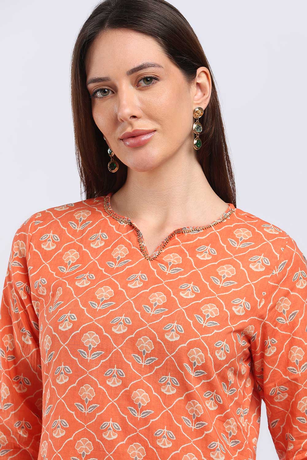 Mythri Women’s Cotton Paisley Printed Chudidar | Mandarin Collar Notch Neck Kurta with 3/4 Sleeves | Regular Fit Daily Office & Casual Ethnic Wear - A206