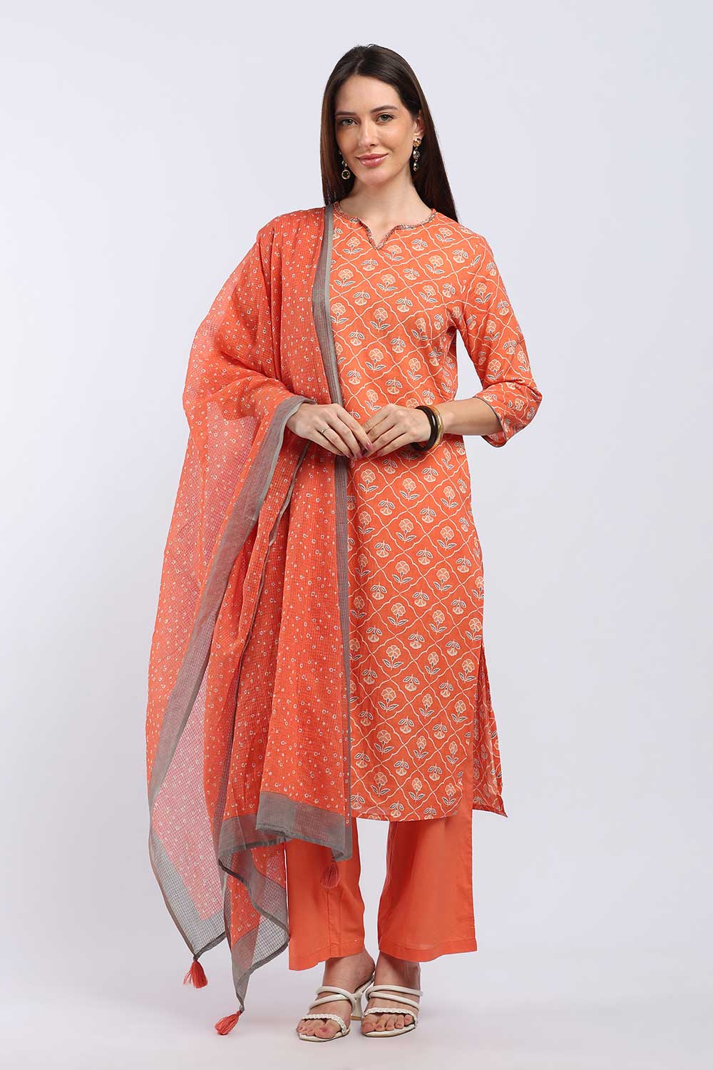Mythri Women’s Cotton Paisley Printed Chudidar | Mandarin Collar Notch Neck Kurta with 3/4 Sleeves | Regular Fit Daily Office & Casual Ethnic Wear - A206