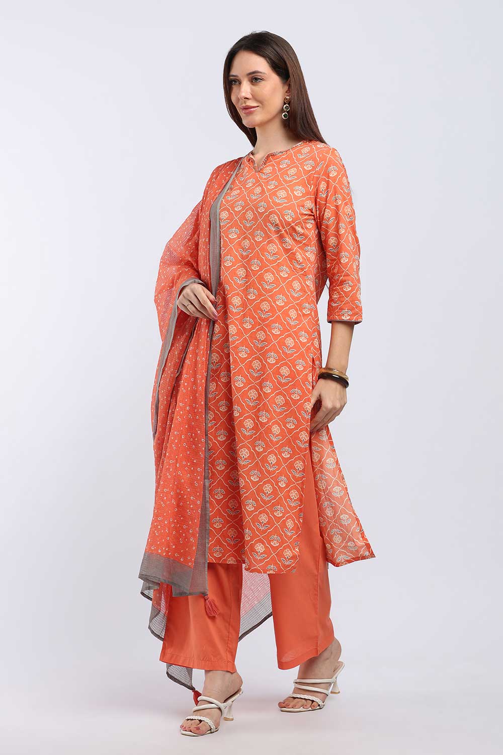 Mythri Women’s Cotton Paisley Printed Chudidar | Mandarin Collar Notch Neck Kurta with 3/4 Sleeves | Regular Fit Daily Office & Casual Ethnic Wear - A206