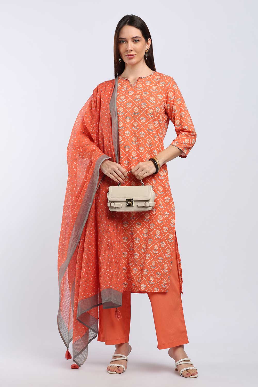 Mythri Women’s Cotton Paisley Printed Chudidar | Mandarin Collar Notch Neck Kurta with 3/4 Sleeves | Regular Fit Daily Office & Casual Ethnic Wear - A206