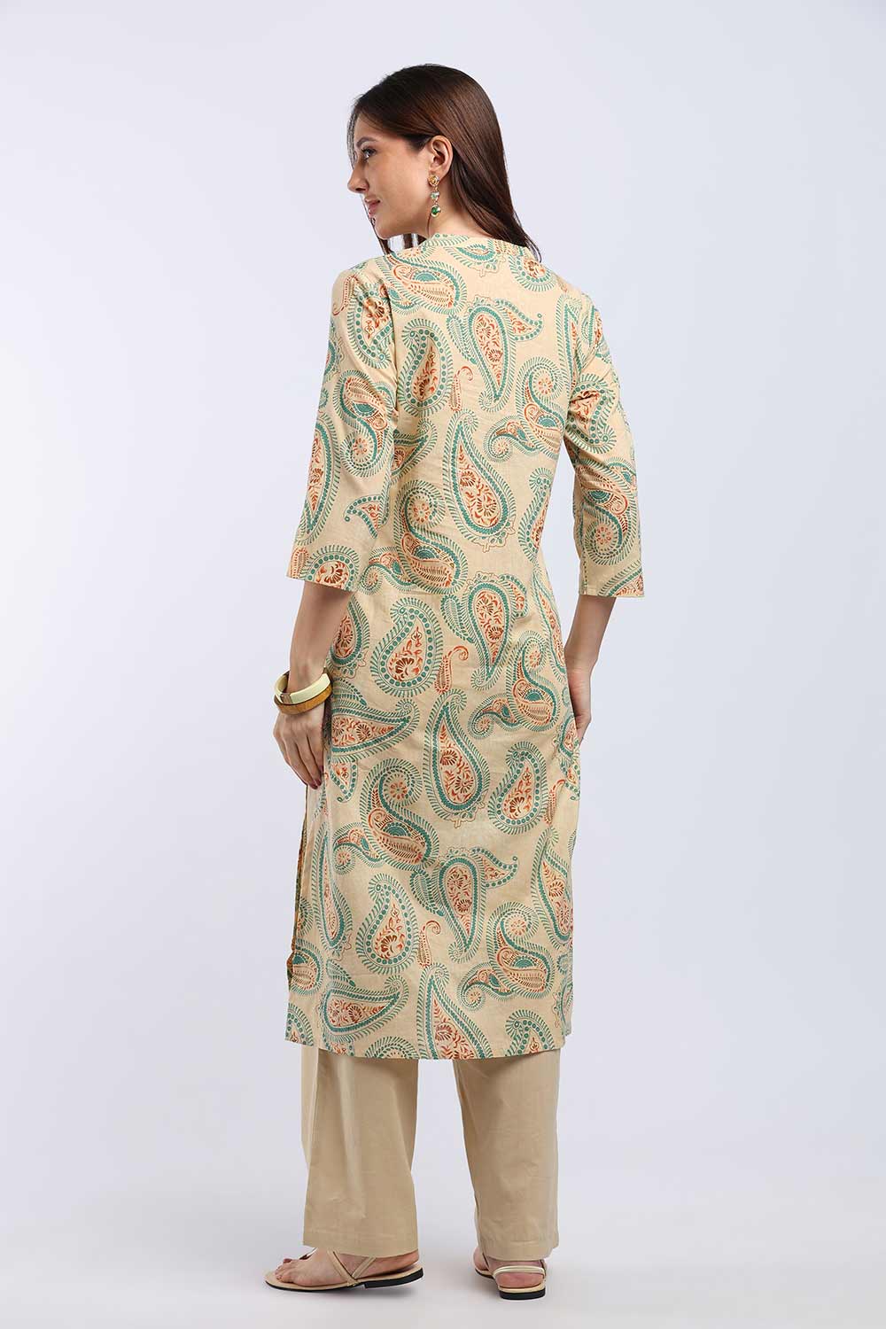 Mythri Women’s Cotton Paisley Printed Chudidar | Mandarin Collar Notch Neck Kurta with 3/4 Sleeves | Regular Fit Daily Office & Casual Ethnic Wear - A202