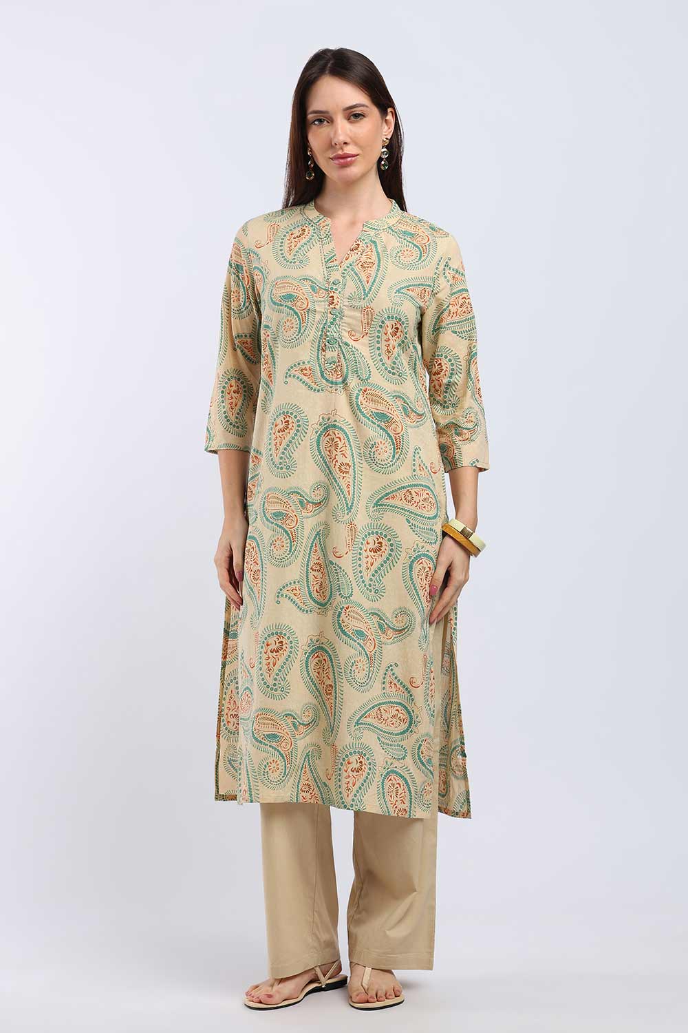 Mythri Women’s Cotton Paisley Printed Chudidar | Mandarin Collar Notch Neck Kurta with 3/4 Sleeves | Regular Fit Daily Office & Casual Ethnic Wear - A202