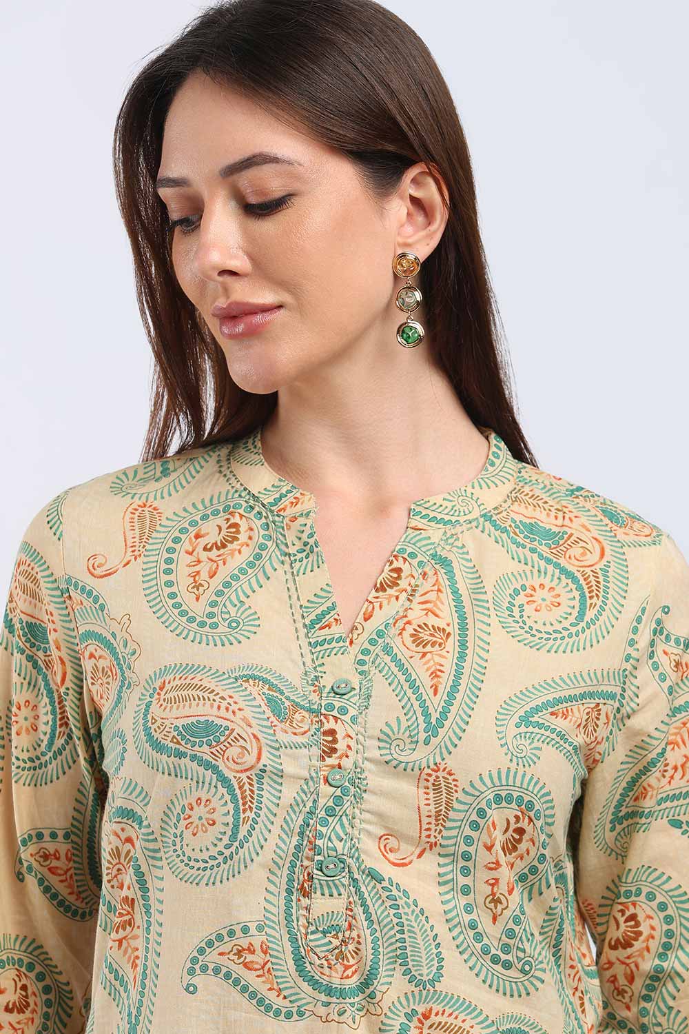 Mythri Women’s Cotton Paisley Printed Chudidar | Mandarin Collar Notch Neck Kurta with 3/4 Sleeves | Regular Fit Daily Office & Casual Ethnic Wear - A202