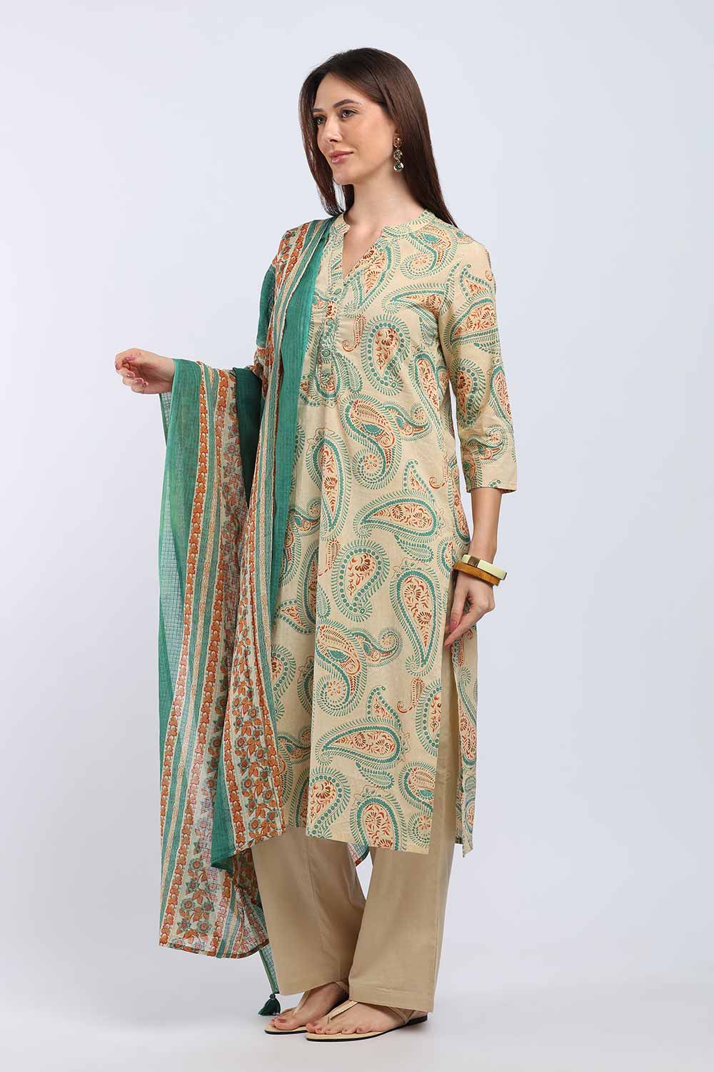 Mythri Women’s Cotton Paisley Printed Chudidar | Mandarin Collar Notch Neck Kurta with 3/4 Sleeves | Regular Fit Daily Office & Casual Ethnic Wear - A202