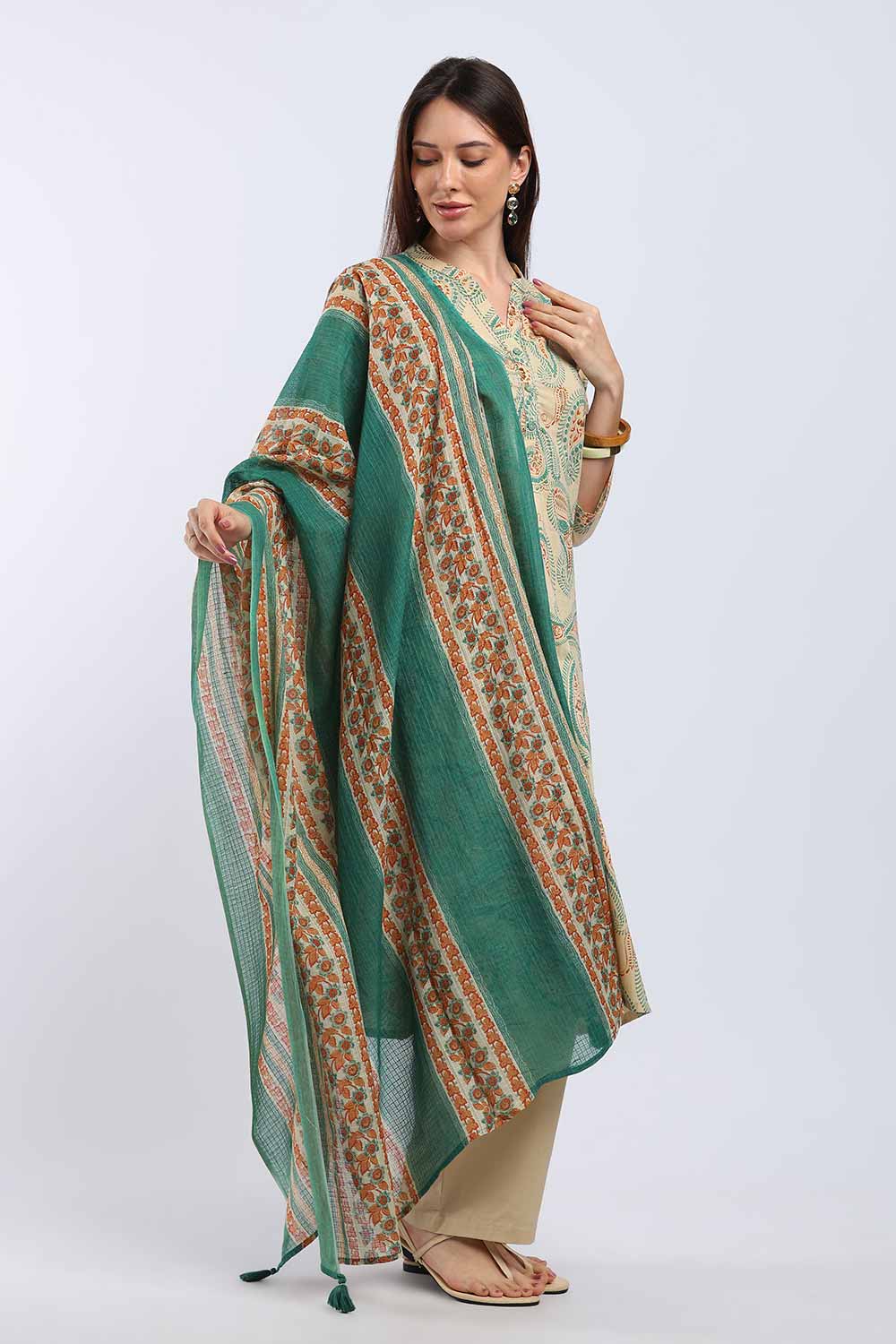 Mythri Women’s Cotton Paisley Printed Chudidar | Mandarin Collar Notch Neck Kurta with 3/4 Sleeves | Regular Fit Daily Office & Casual Ethnic Wear - A202